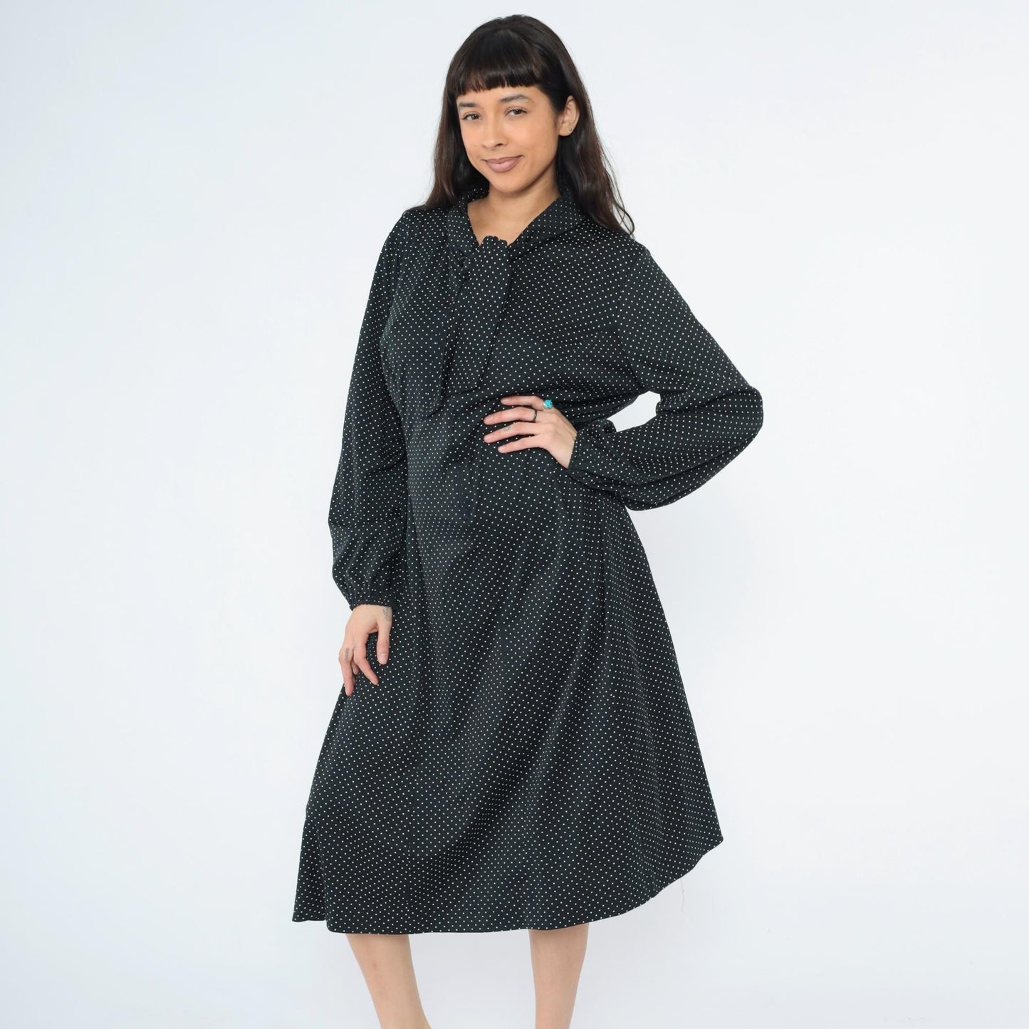 70s Black Polka Dot Ascot Midi Dress Long Sleeve Shift Plus Size XXL
