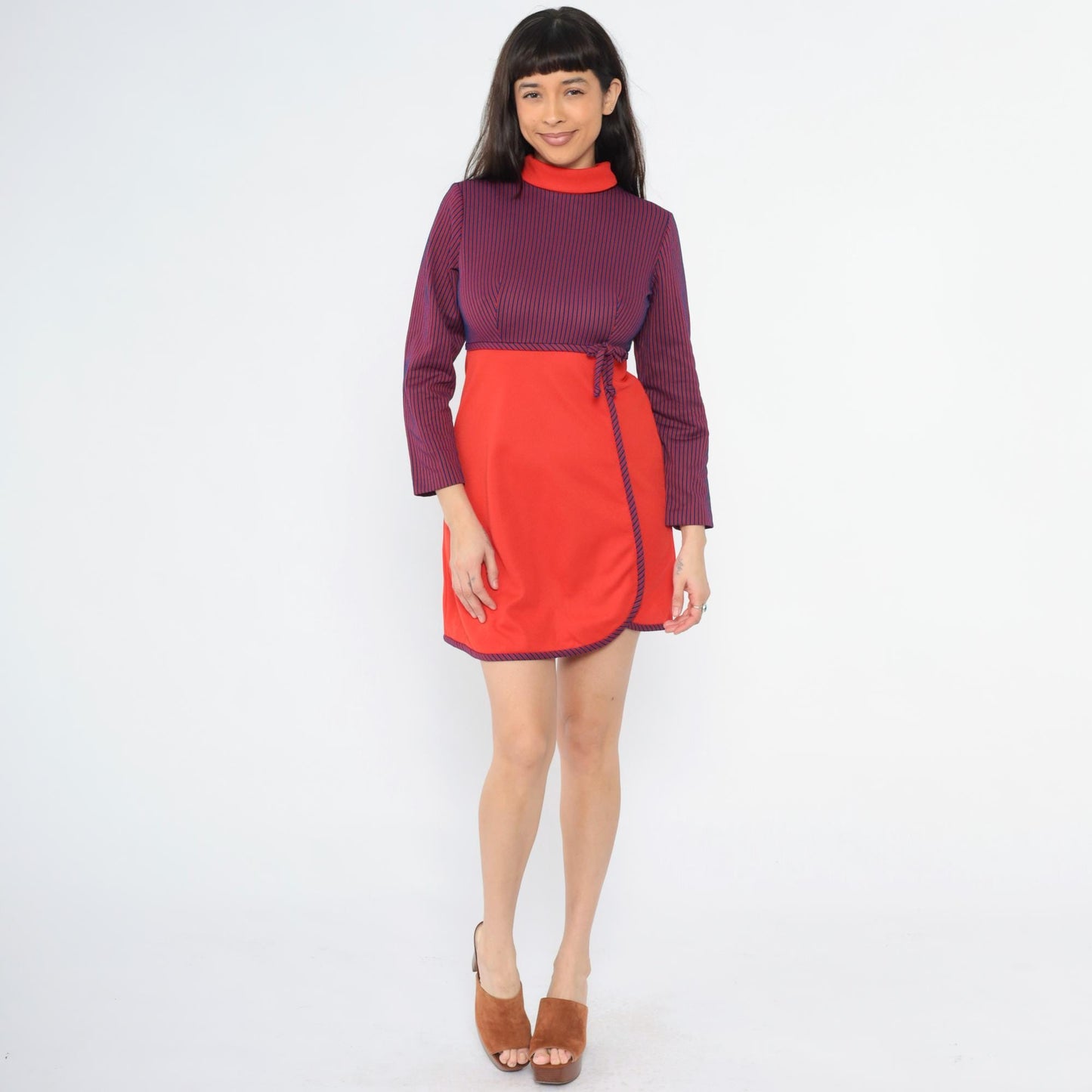 60s Mod Mini Dress Red Blue Striped Empire Waist Mock Neck Small