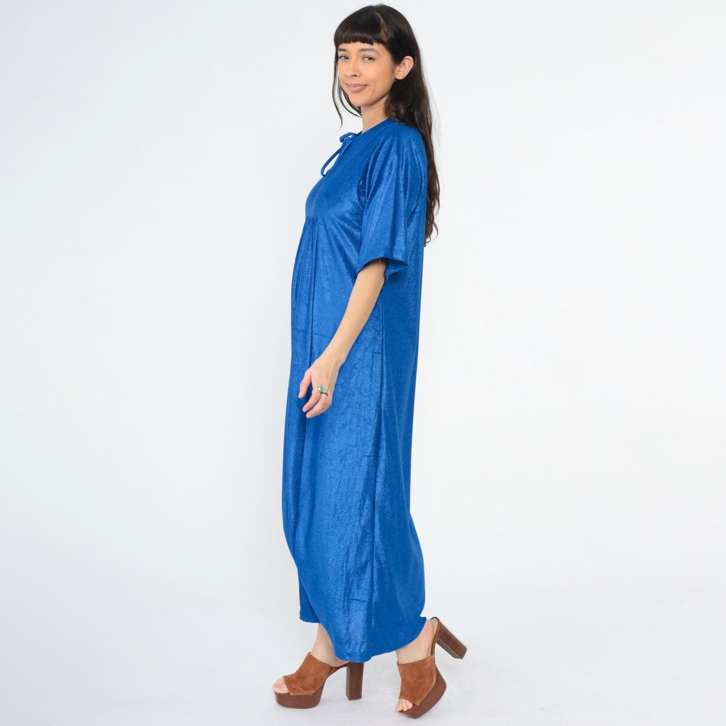 70s Paulette New York Terry Cloth Caftan Maxi Dress Royal Blue Keyhole Medium