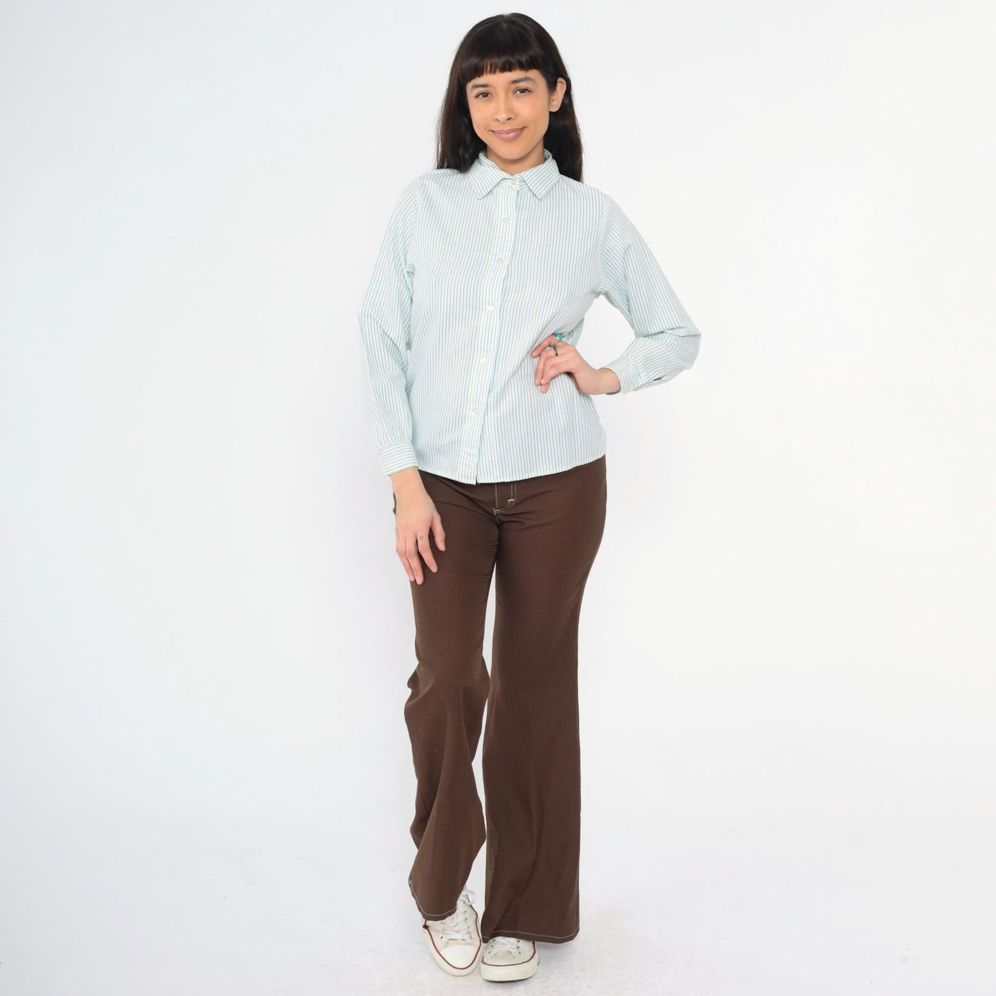 80s Girl Scouts Striped Button-Up Blouse White Blue Green Long Sleeve Small