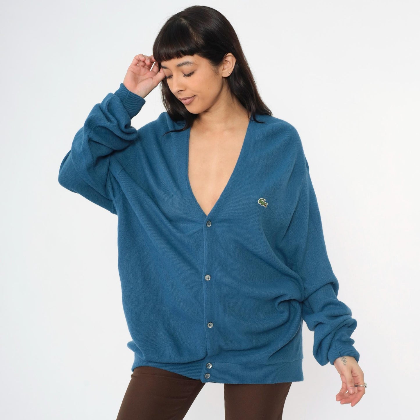 80s Izod Lacoste Blue Cardigan Sweater Crocodile Logo Knit Extra Large XL