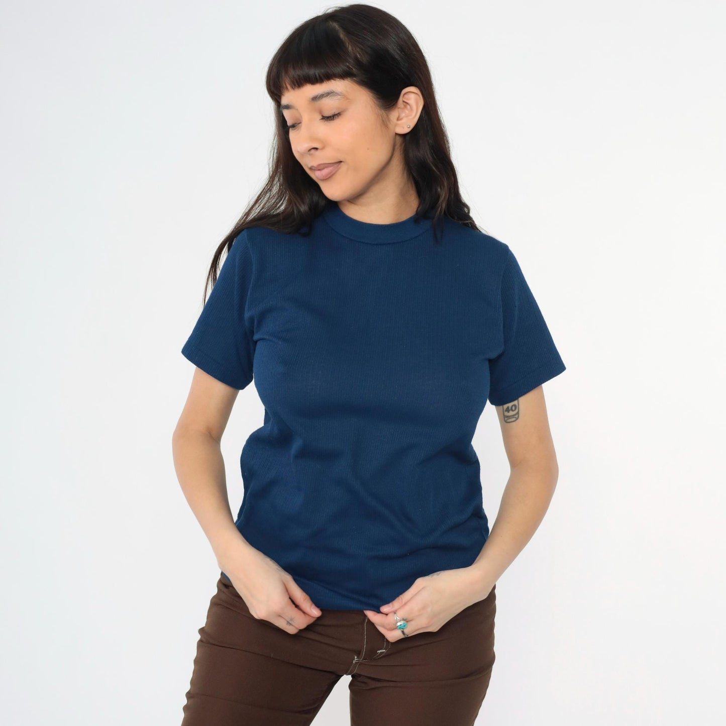 70s Navy Ribbed Knit Crewneck Short Sleeve Top Small
