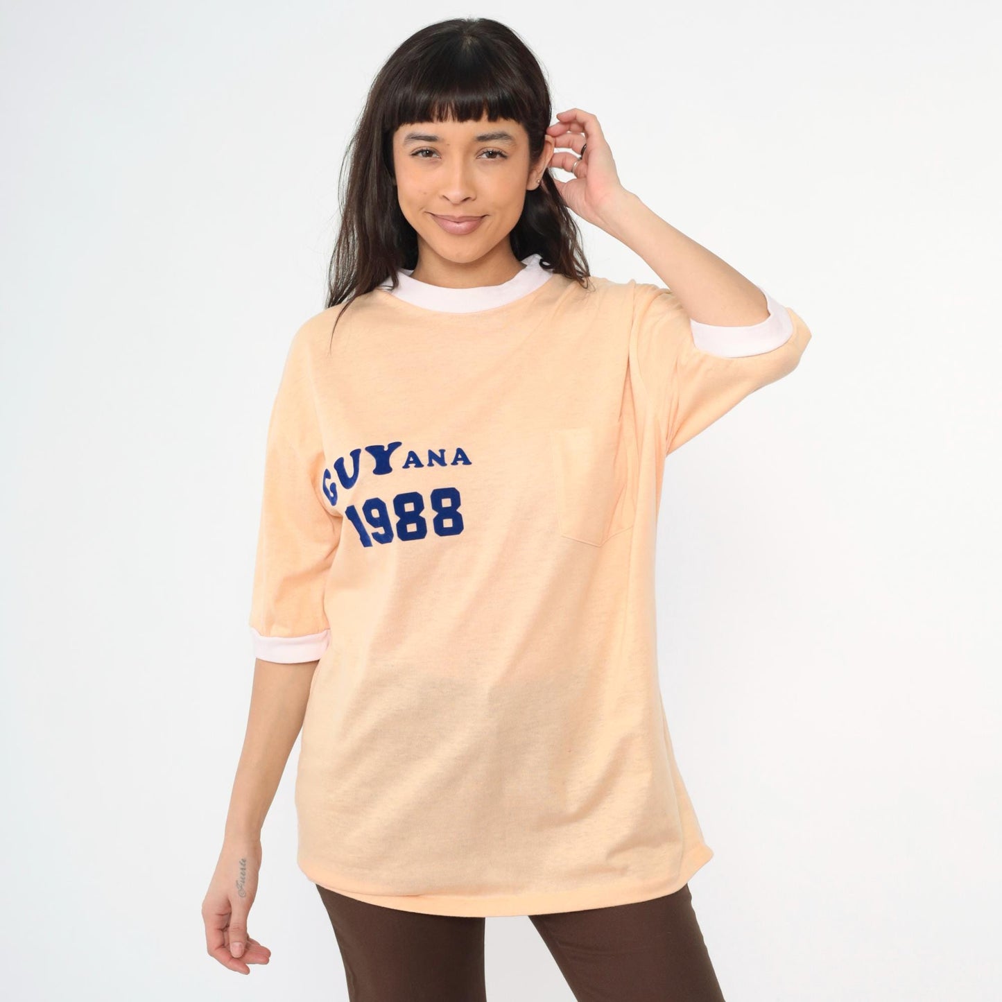 80s Guyana 1988 Peach Ringer T-Shirt Flocked Navy Graphic Tee Large