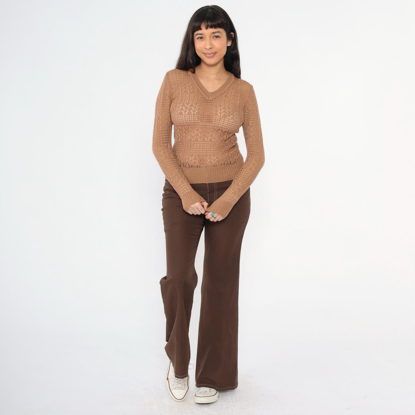 70s Empire Knitwear Sheer Brown Pointelle V-Neck Sweater Long Sleeve Extra Small