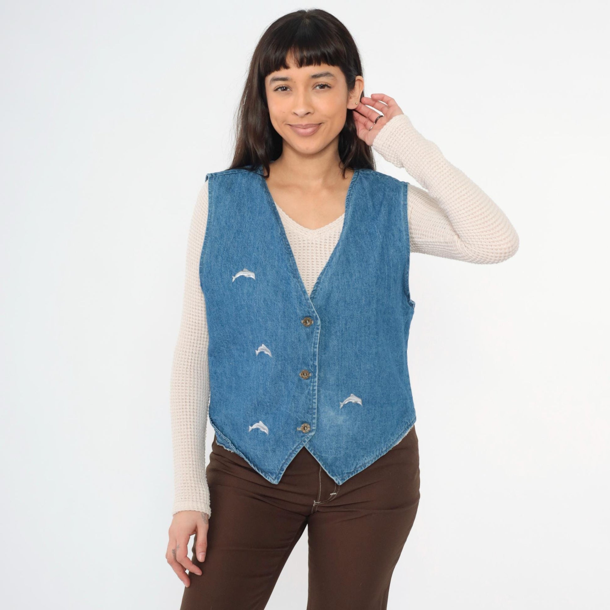 90s Sunbelt Sportswear Embroidered Dolphin Denim Vest Blue Button-Up Medium Large