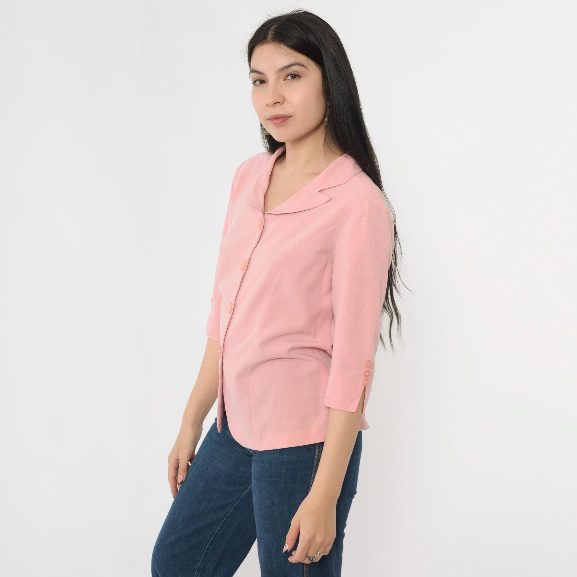 90s Pink Button-Down Blouse 3/4 Sleeve Notched Collar Princess Seams Medium Large
