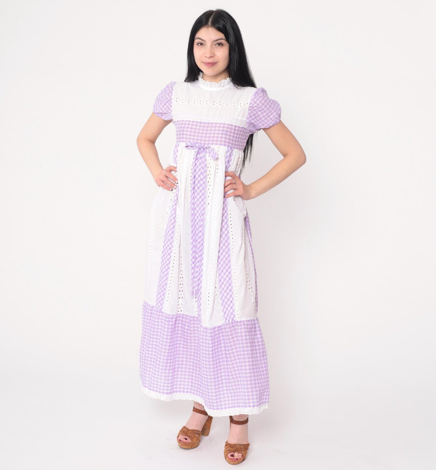 70s Youngland Gingham Maxi Dress Lavender Eyelet Empire Waist Puff Sleeve Extra Small