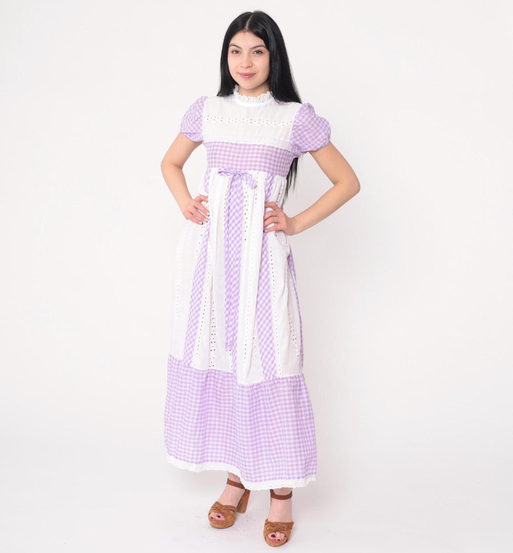 70s Youngland Gingham Maxi Dress Lavender Eyelet Empire Waist Puff Sleeve Extra Small