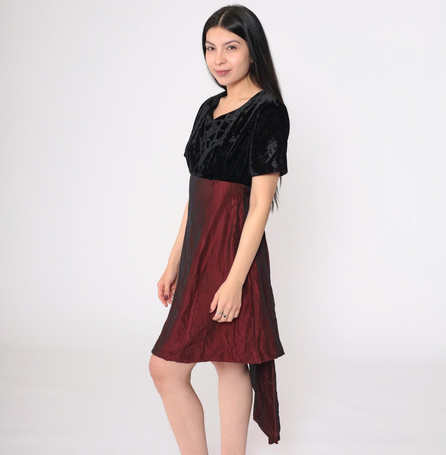 90s Black Velvet Burgundy Taffeta Mini Dress High Waist Bow Back Small S