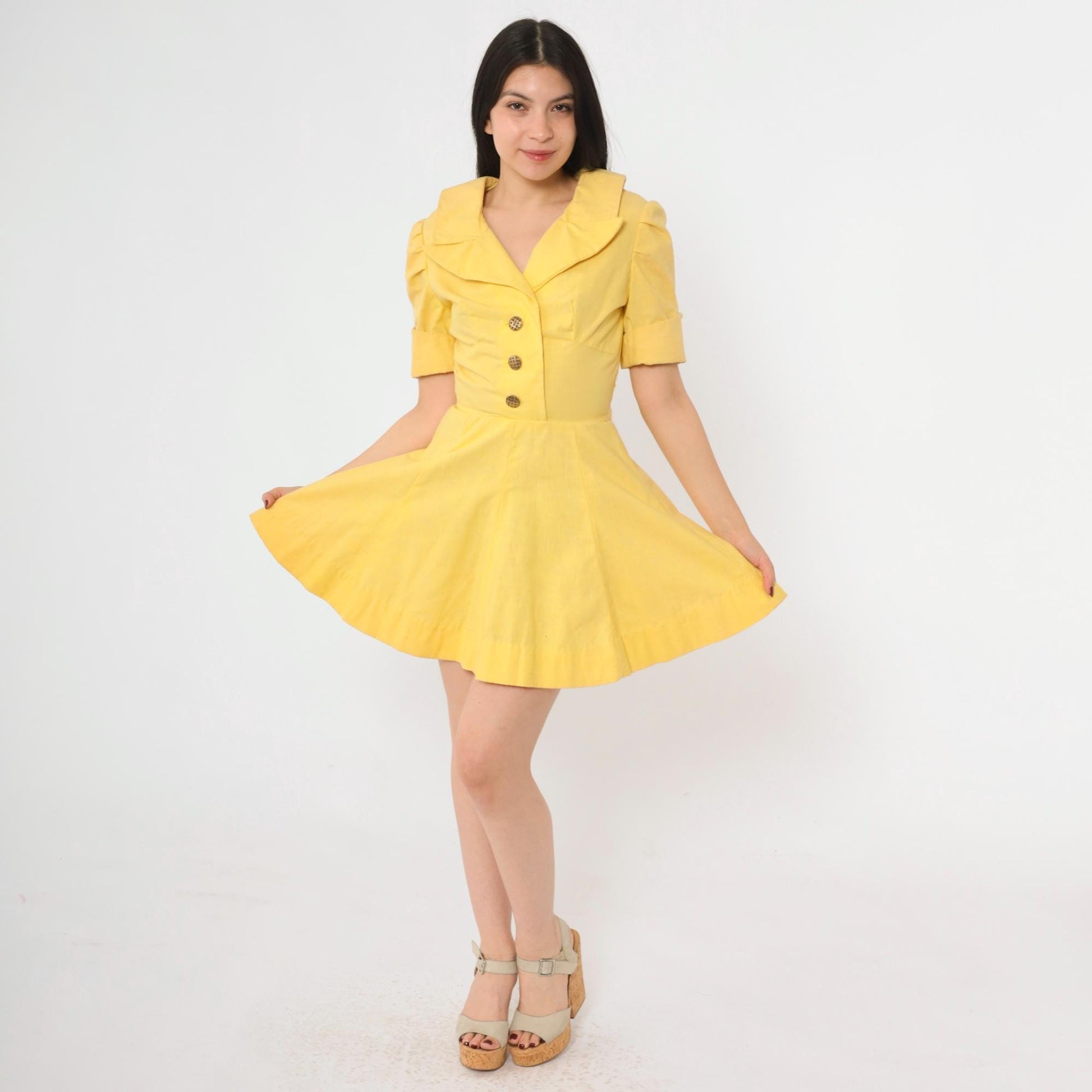 60s Yellow Mod Mini Dress Puff Sleeve Button-Up Collared A-Line Small