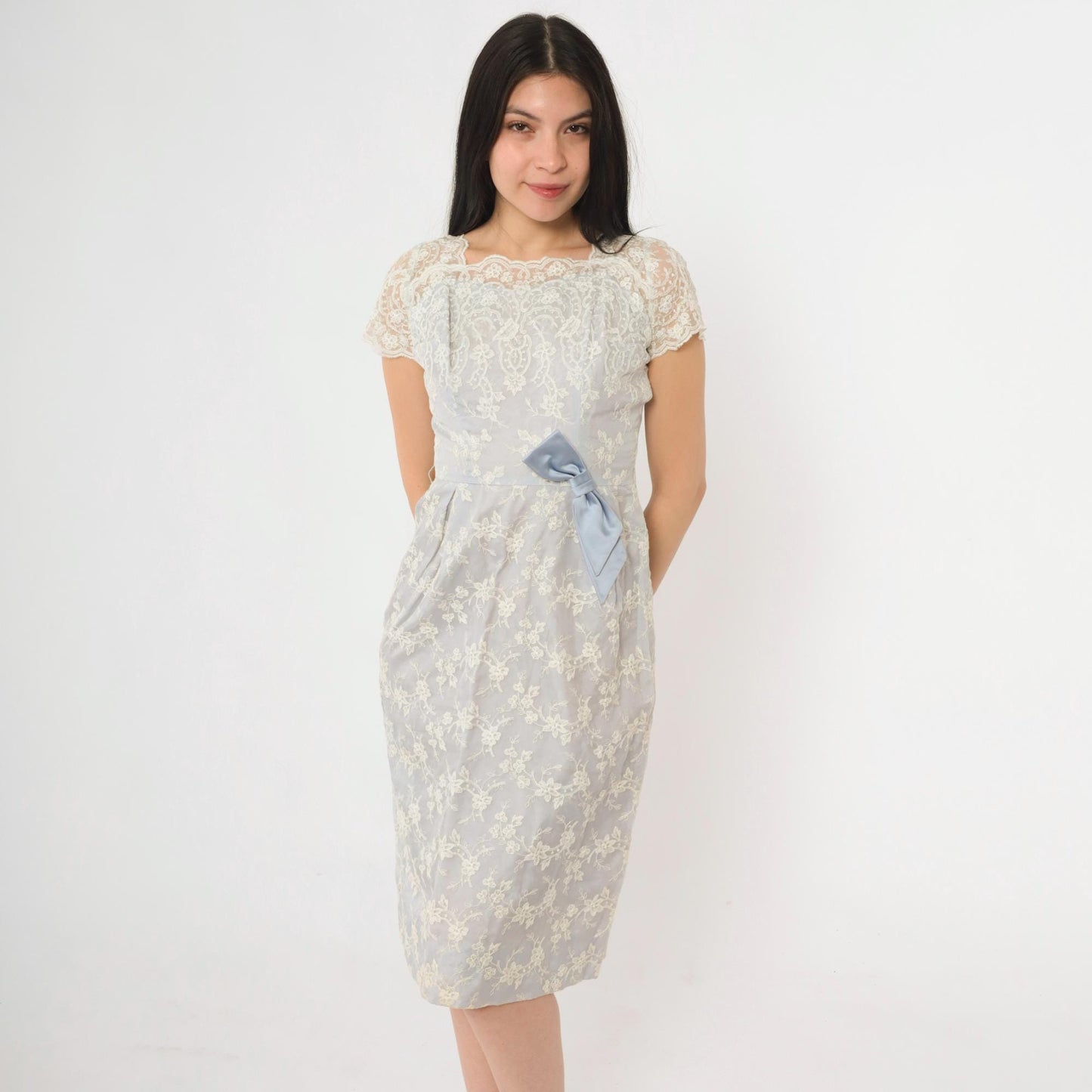 1950s Blue Lace Midi Dress Scalloped Cap Sleeve Satin Bow Extra Small XS