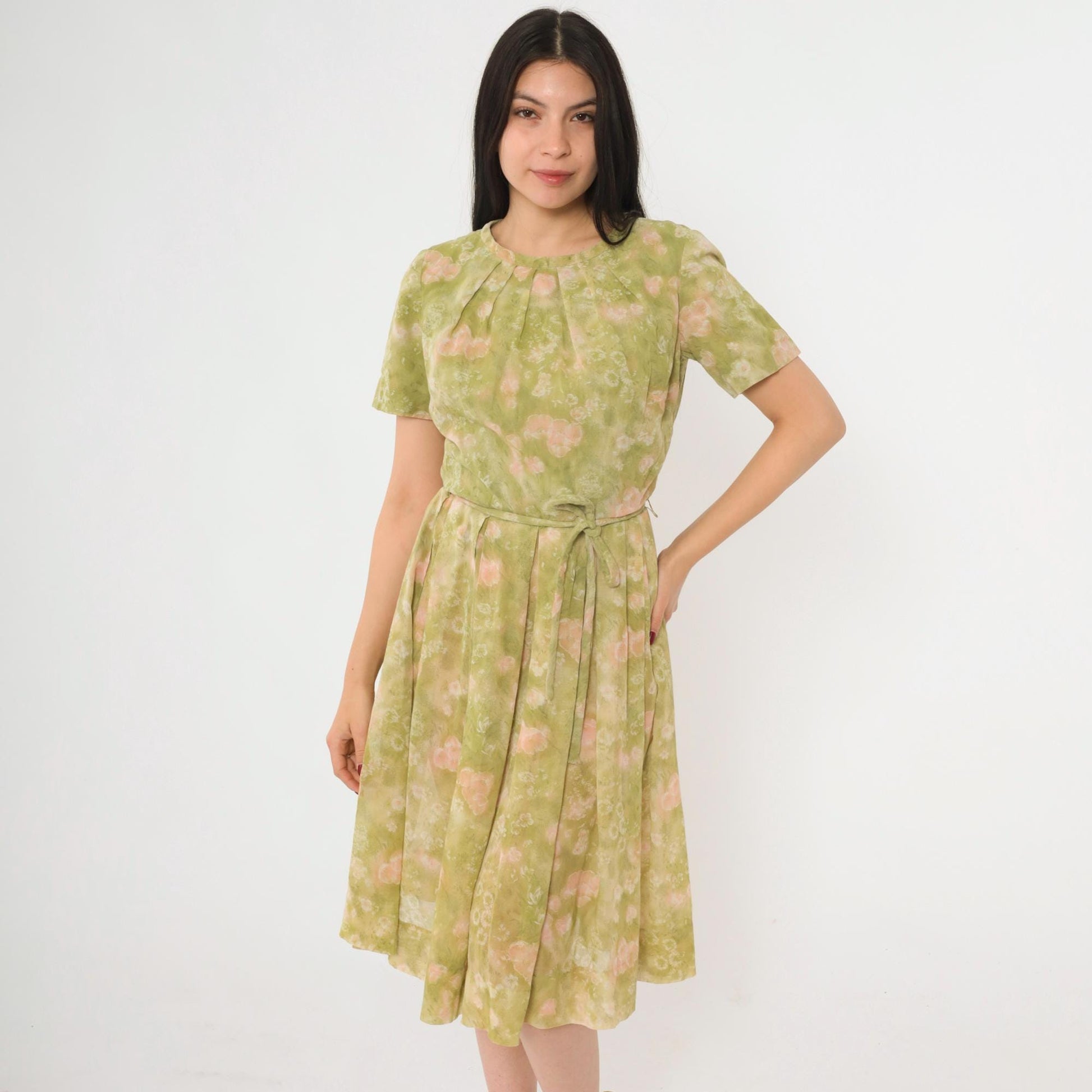1960s Jean Lang Floral Pleated Day Dress Green Pink Knee-Length Small
