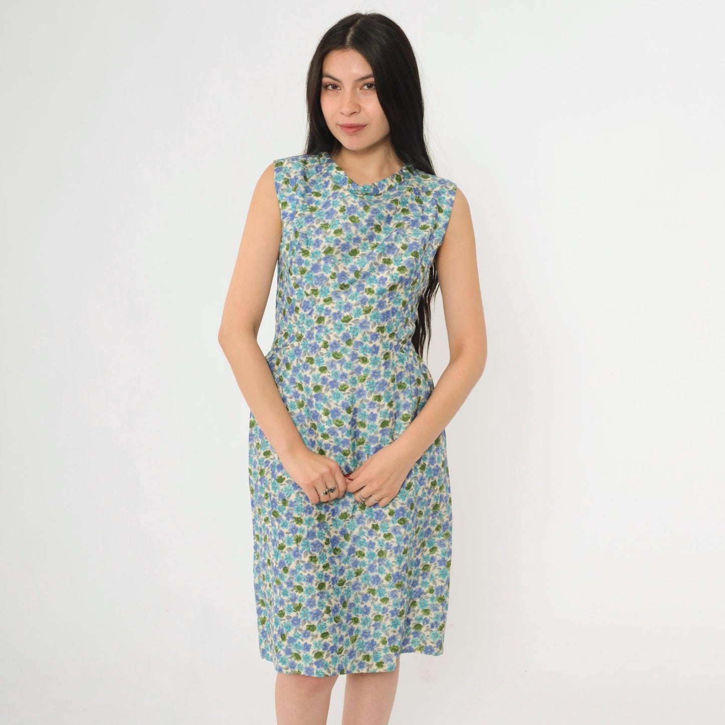 1960s Blue Green Floral Silk Sheath Dress Sleeveless Knee Length Extra Small