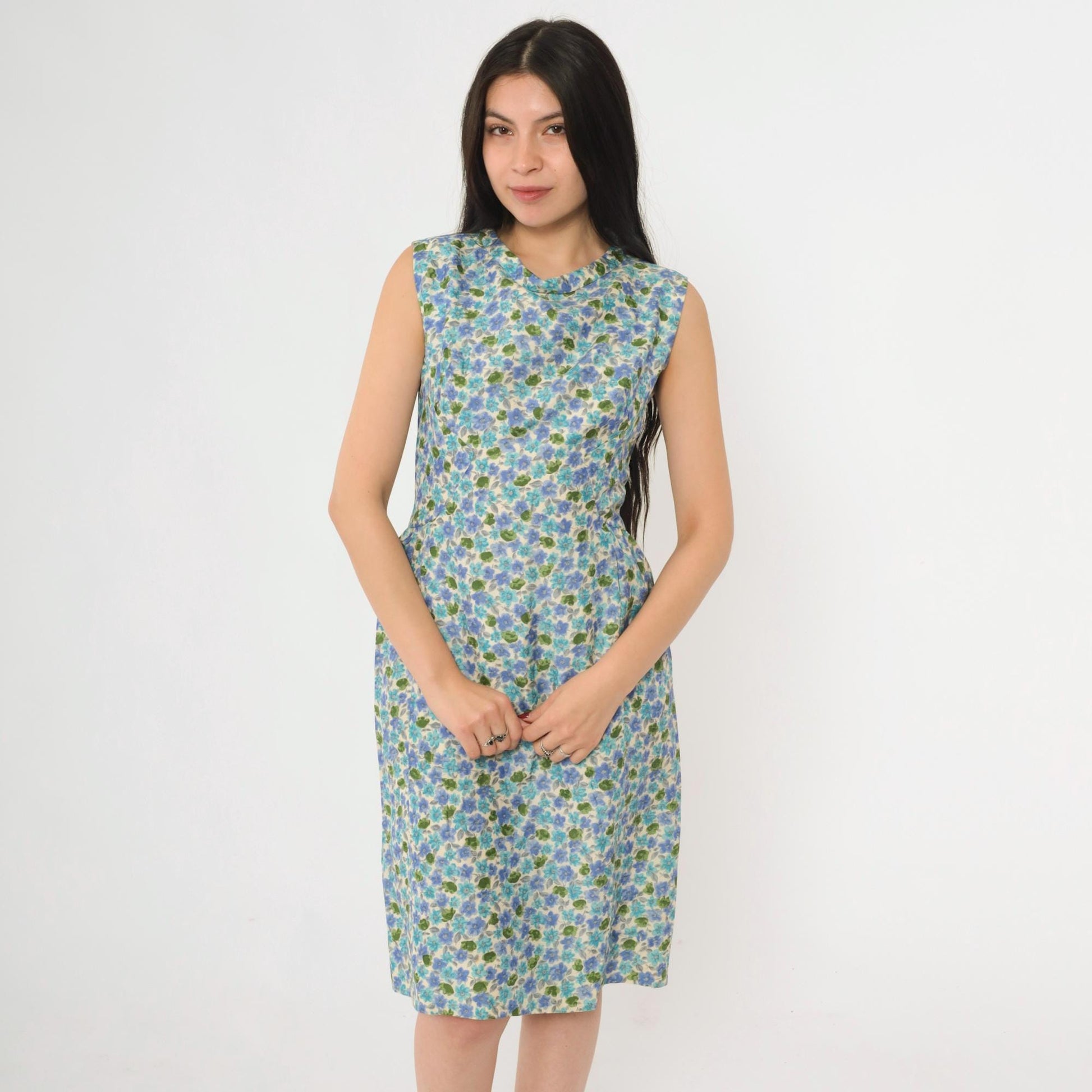 1960s Blue Green Floral Silk Sheath Dress Sleeveless Knee Length Extra Small