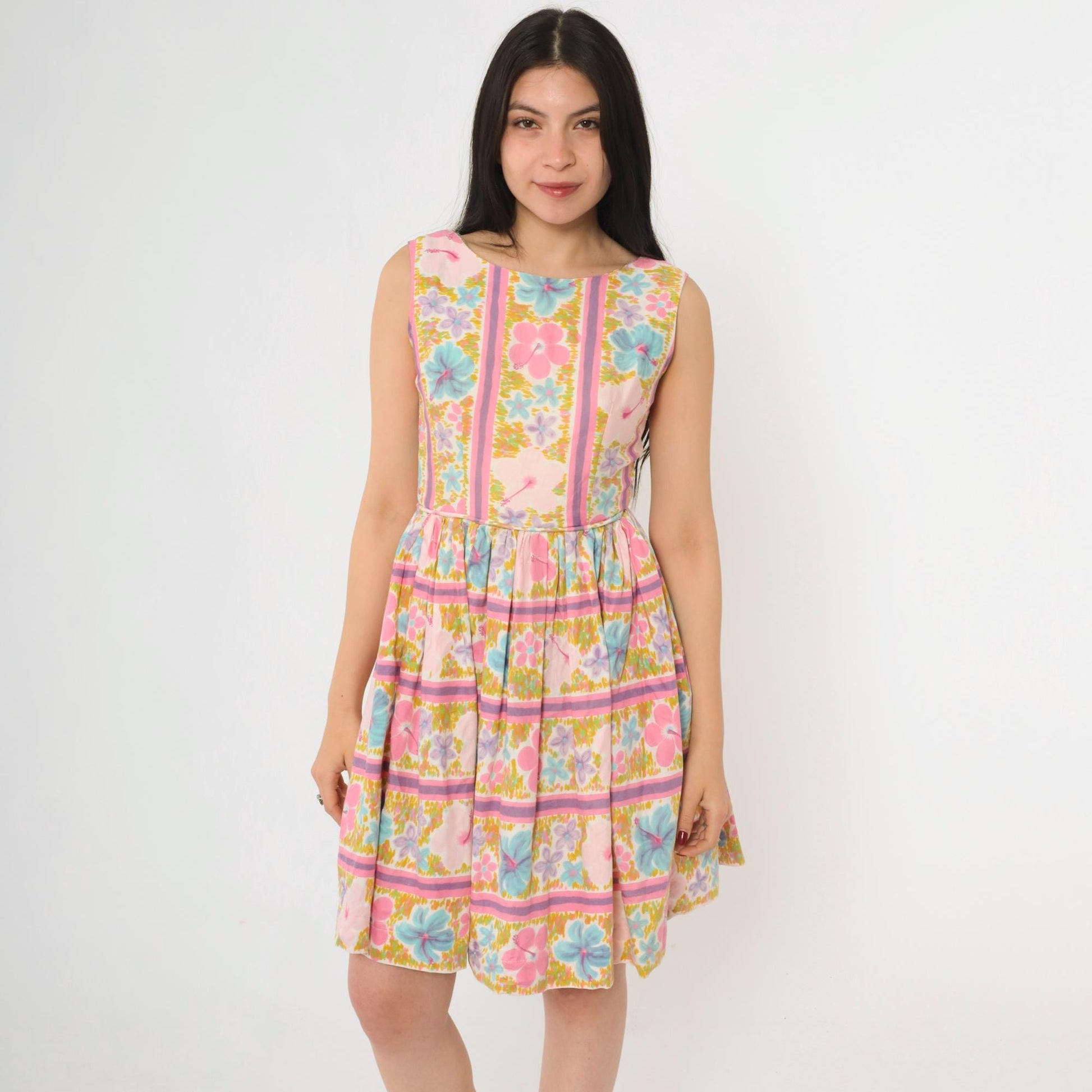 1960s Tropical Floral Mini Dress Pink Blue High Waist Sleeveless Extra Small
