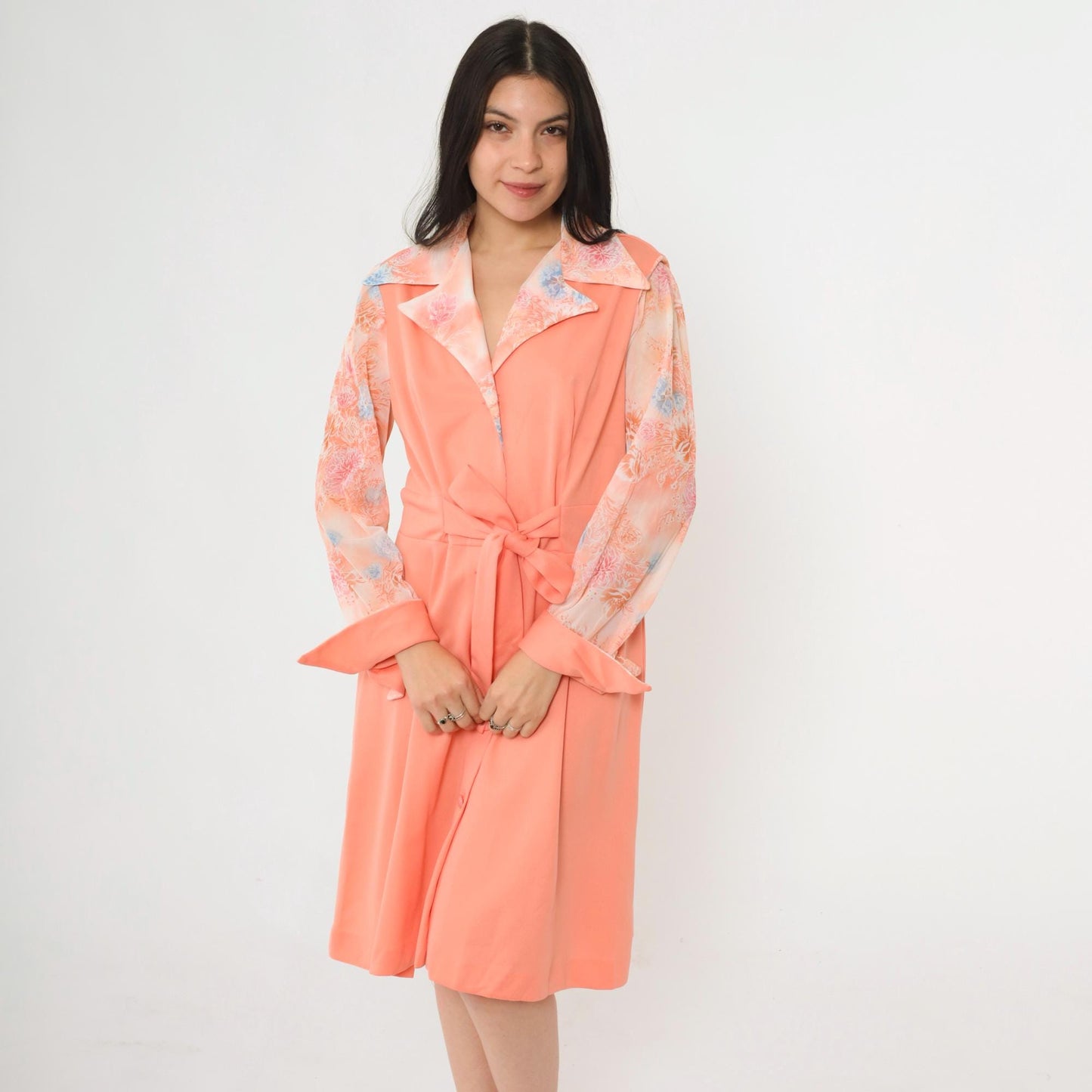 70s Peach Floral Button-Up Midi Dress High Waist Long Sleeve Collared Large L