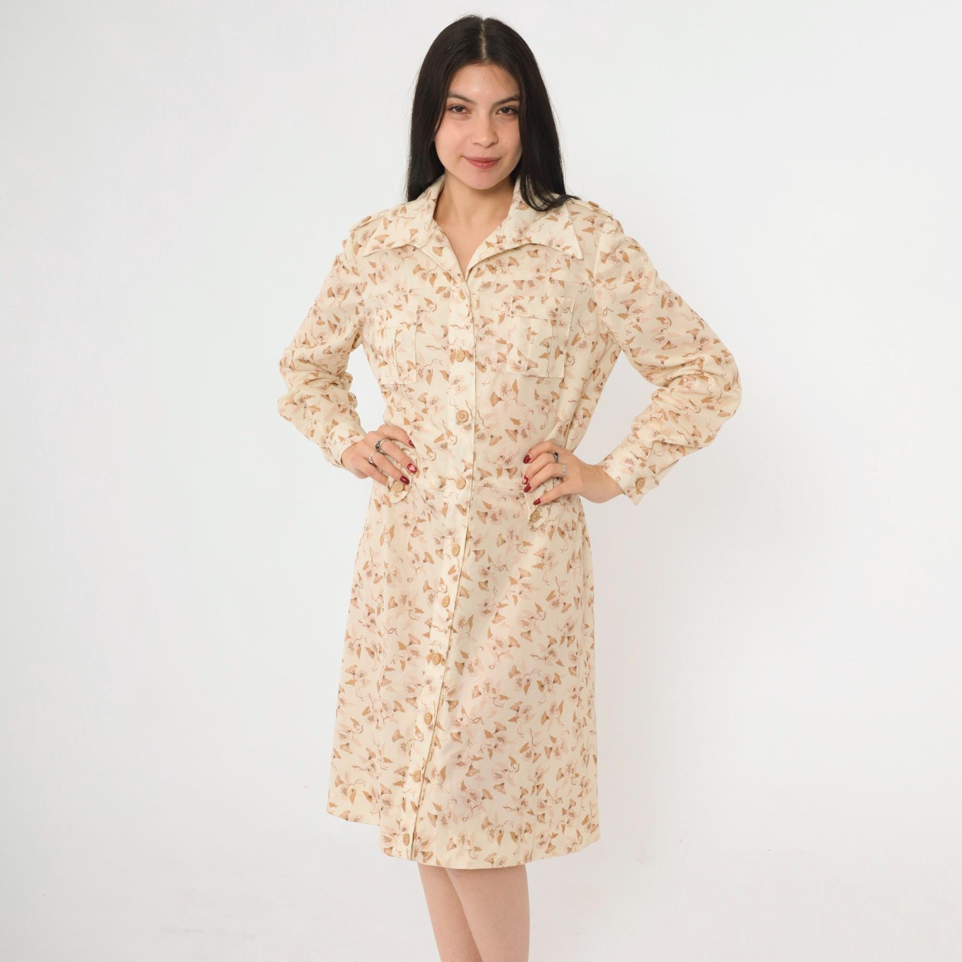 70s Cream Floral Midi Dress Button Up Long Sleeve Dagger Collar Fitted Waist Large