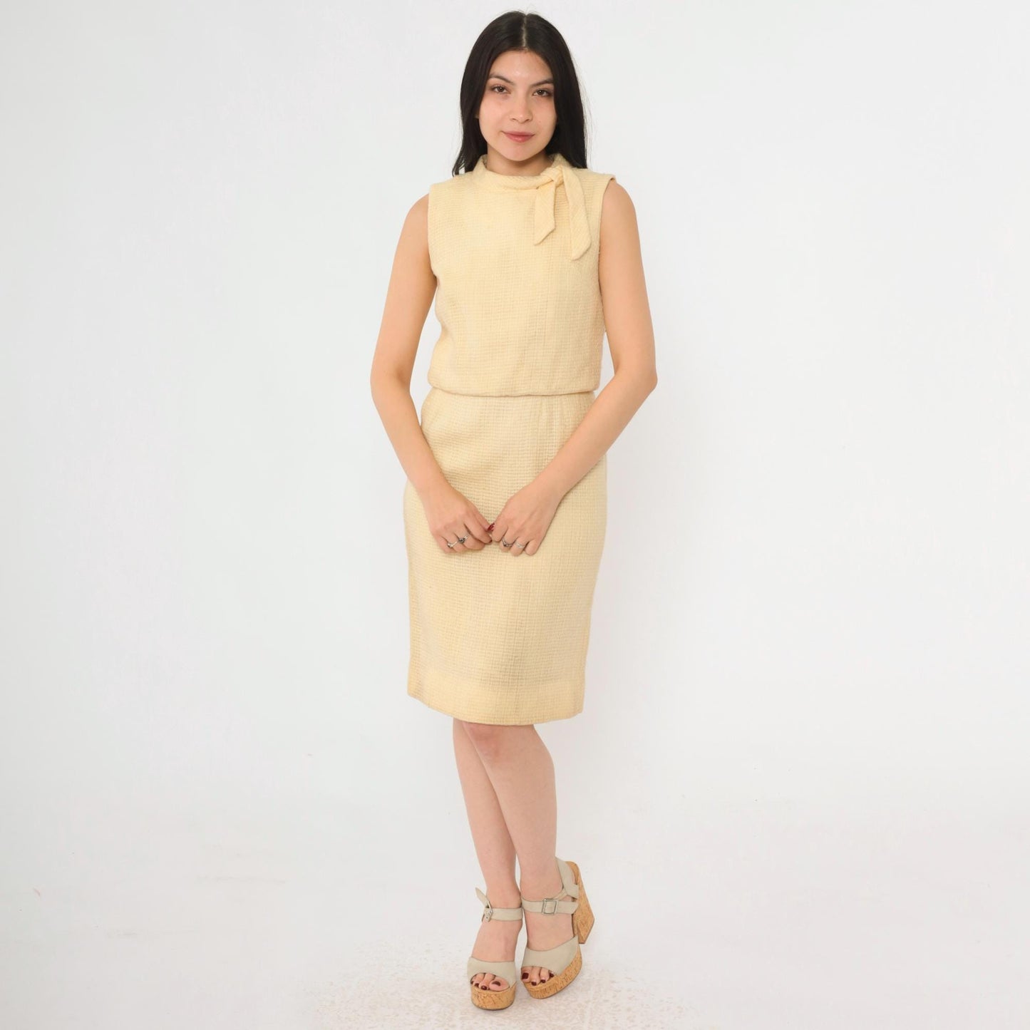1960s Cream Wool Dress Sleeveless Bow Neck Fitted Knee Length Small S