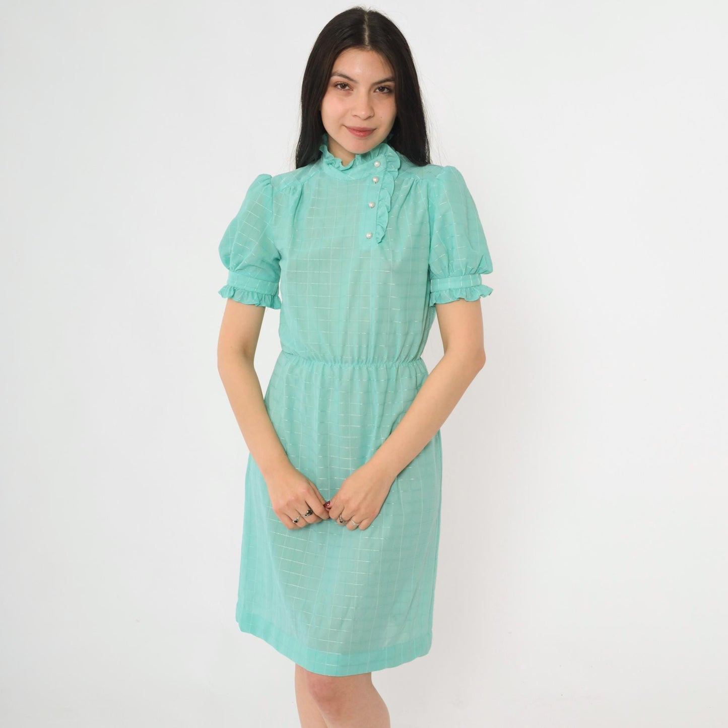 80s Seafoam Checkered Midi Dress Puff Sleeve Button-Up Ruffle Neckline Small