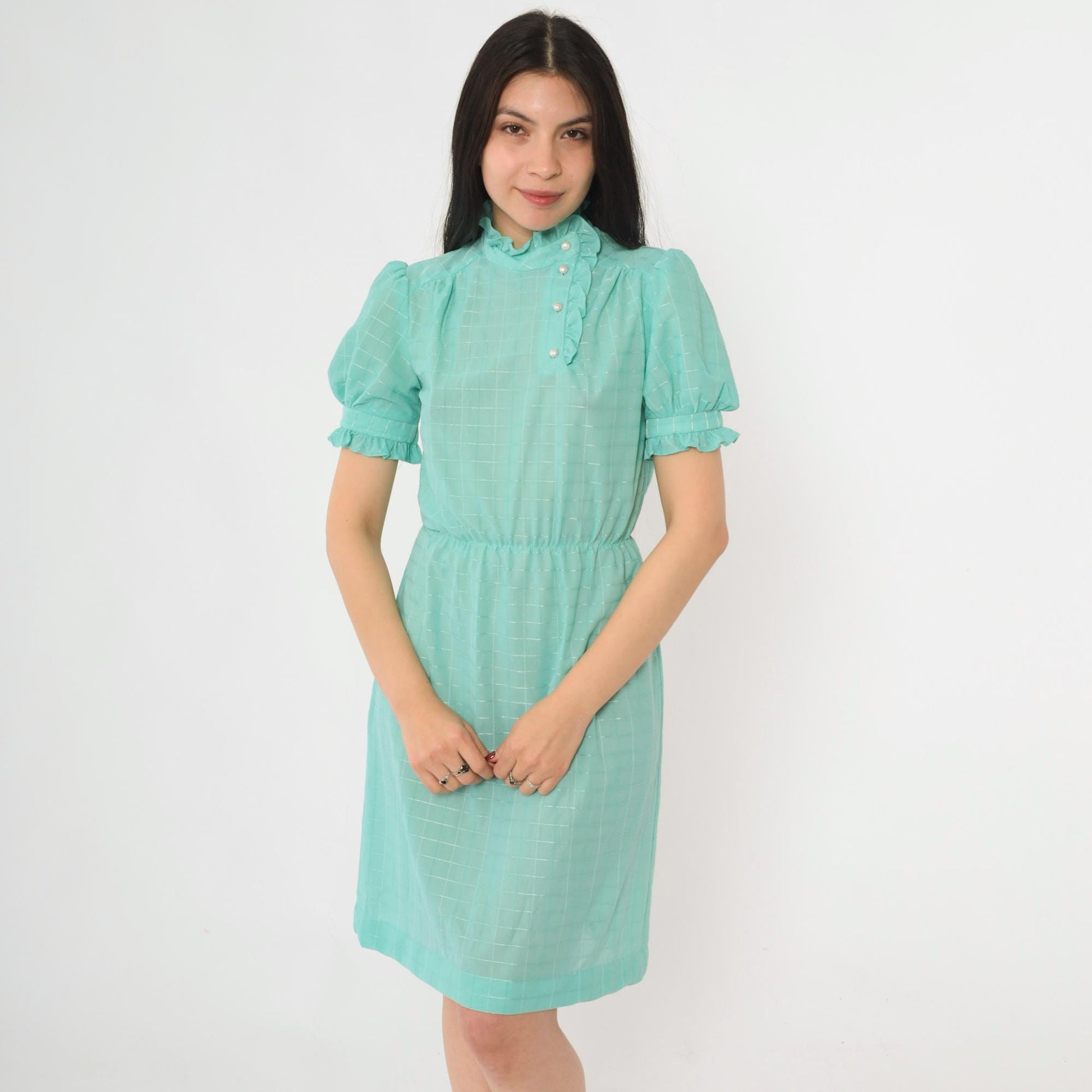 80s Seafoam Checkered Midi Dress Puff Sleeve Button-Up Ruffle Neckline Small