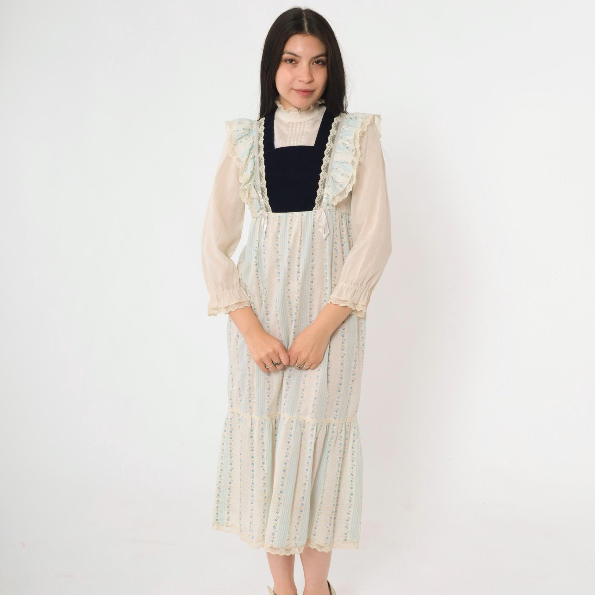 70s Prairie Midi Dress Blue Floral Velvet Bib Lace Ruffle High Neck XXS