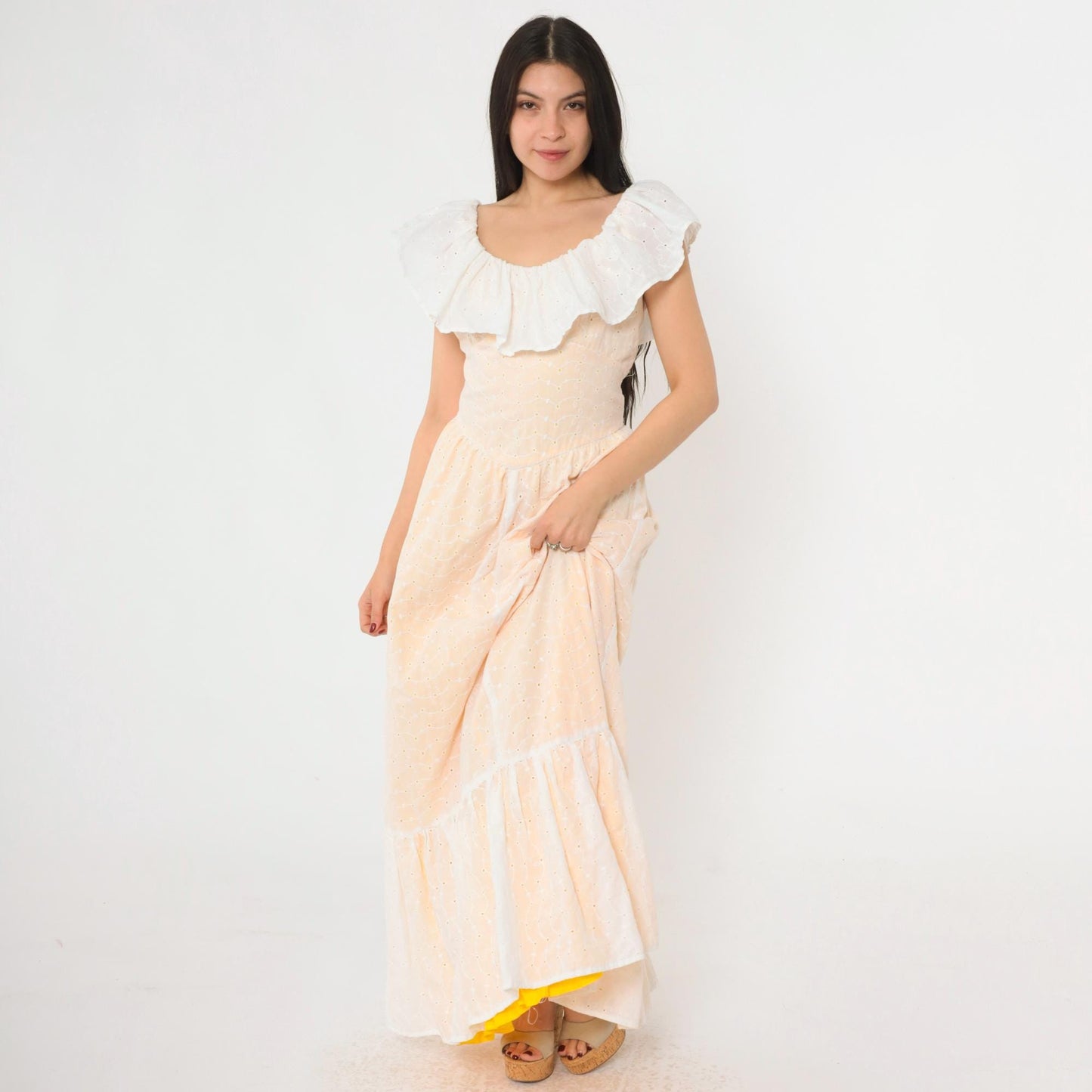 70s White Eyelet Lace Maxi Dress Yellow Lining Ruffled Off-Shoulder Small