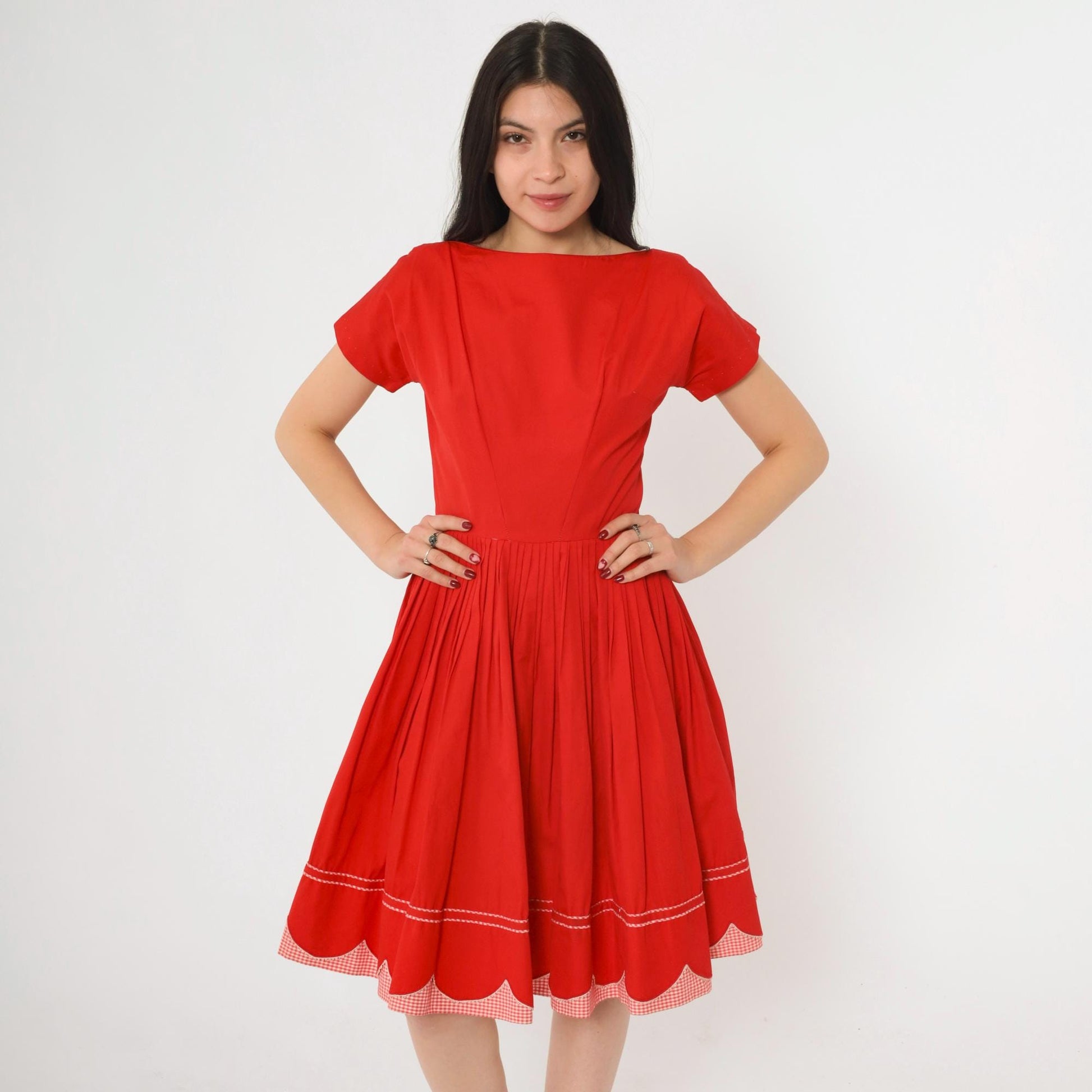 60s Red Pleated Dress Gingham Trim Boatneck Short Sleeve Knee Length Extra Small