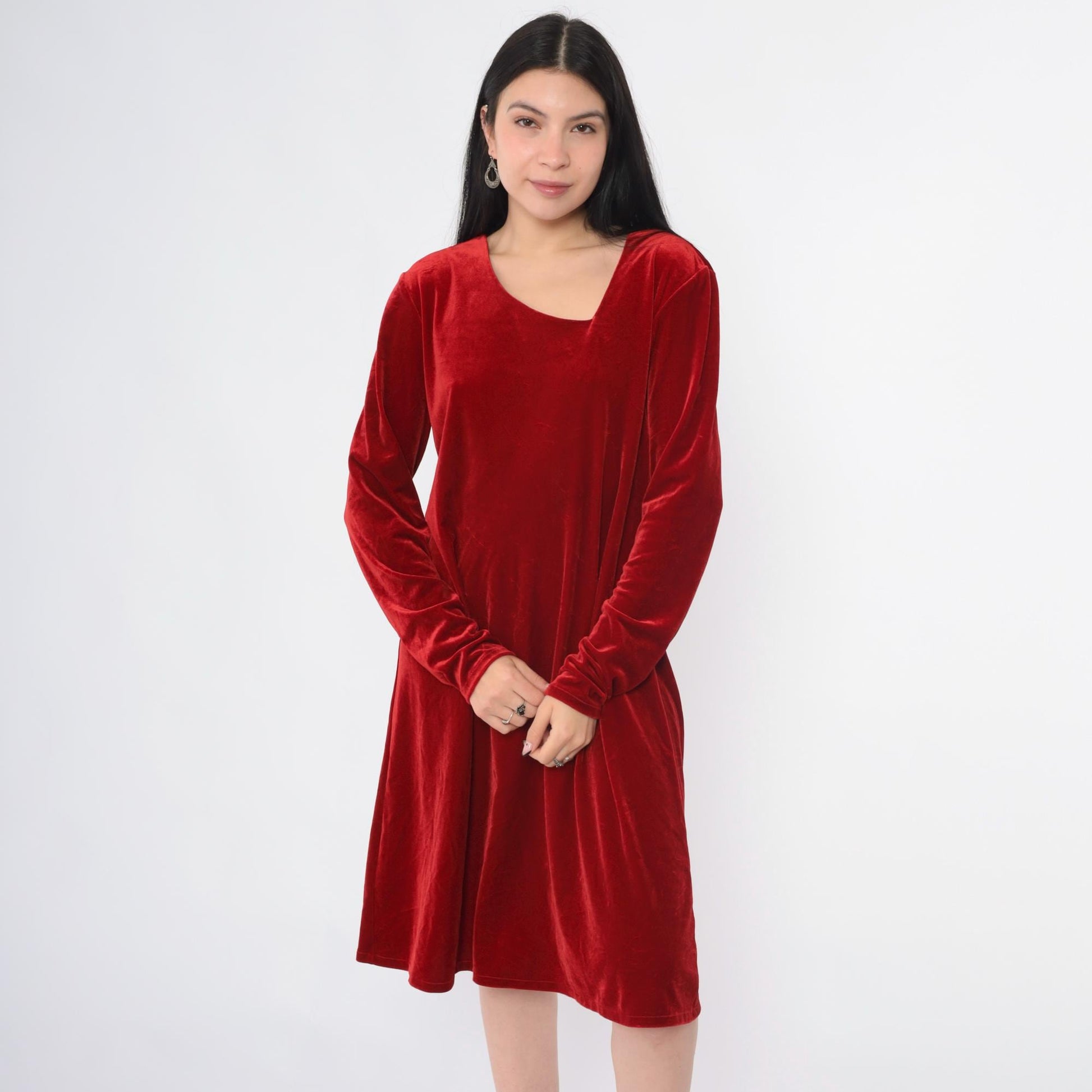 90s Red Velvet Shift Dress Asymmetrical Neckline Long Sleeve Knee Length Medium