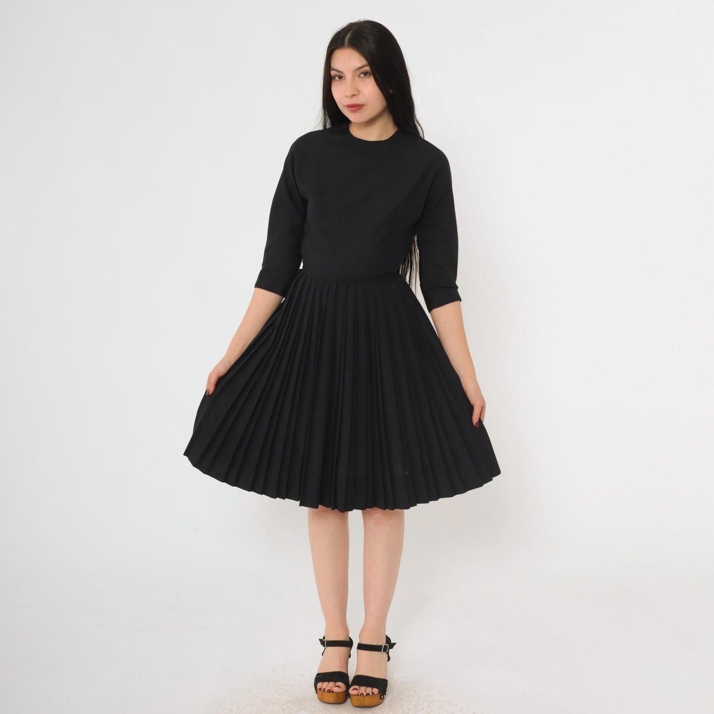 60s Howard Wolf Black Pleated Cocktail Dress 3/4 Sleeve Tailored Extra Small XS