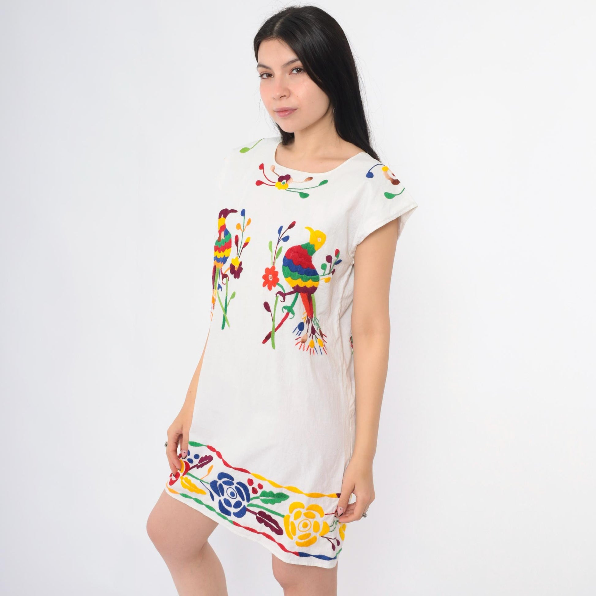 90s Mexican Embroidered Peacock Floral Mini Dress White Cotton Tunic Medium M