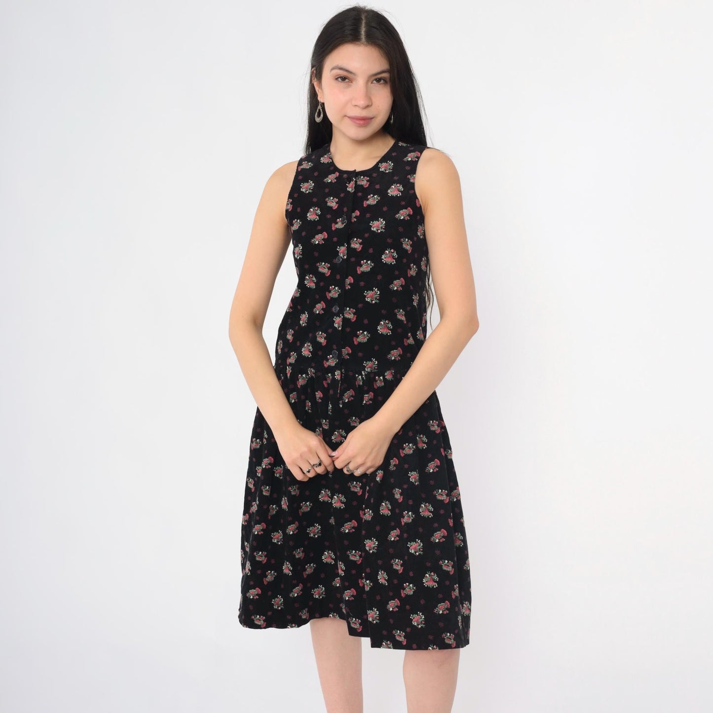90s Black Corduroy Floral Button-Up Pinafore Midi Dress Extra Small