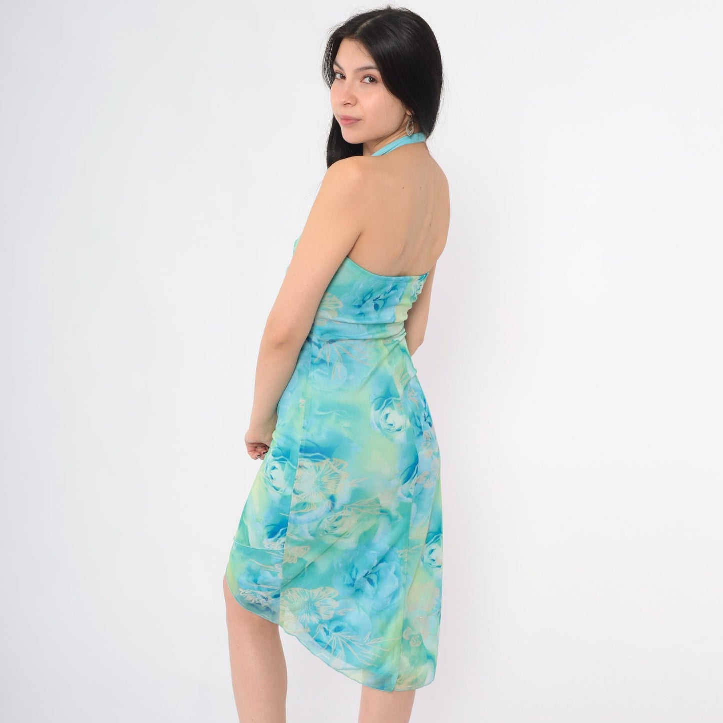 Y2K My Michelle Floral Halter Midi Dress Ombre Green Blue Glitter Small