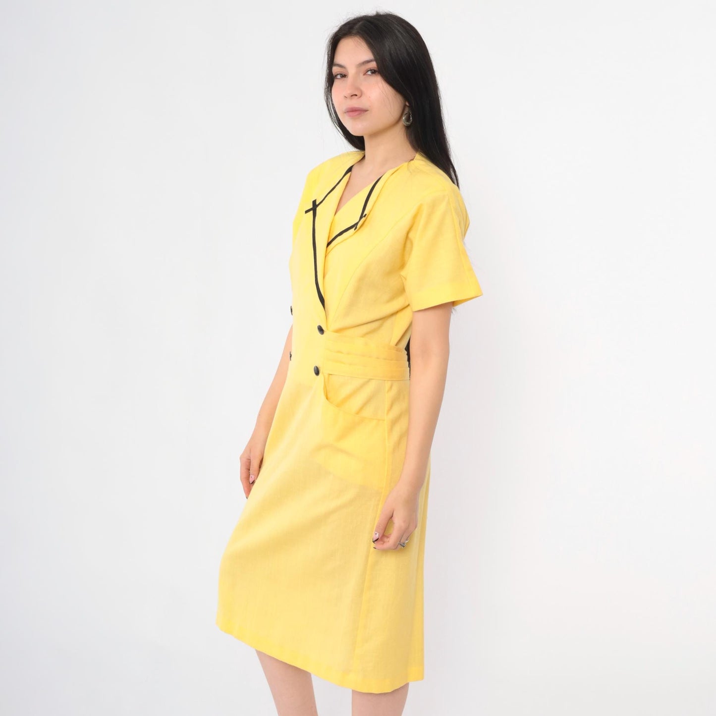 80s Damon Petite Yellow Midi Dress Double Breasted Button Front Black Trim Medium