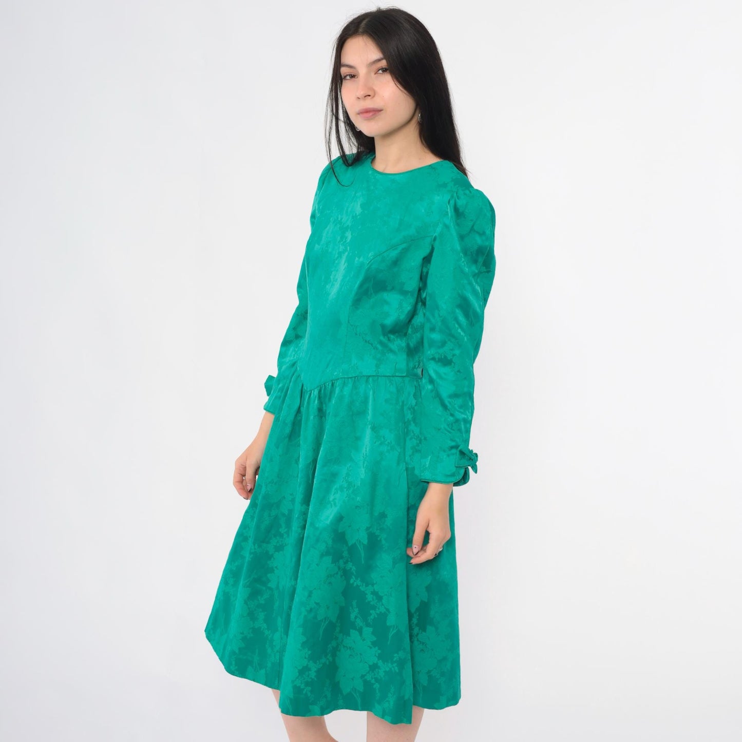 80s Lanz Originals Emerald Jacquard Midi Dress Puff Sleeve Bow Cuff Medium M