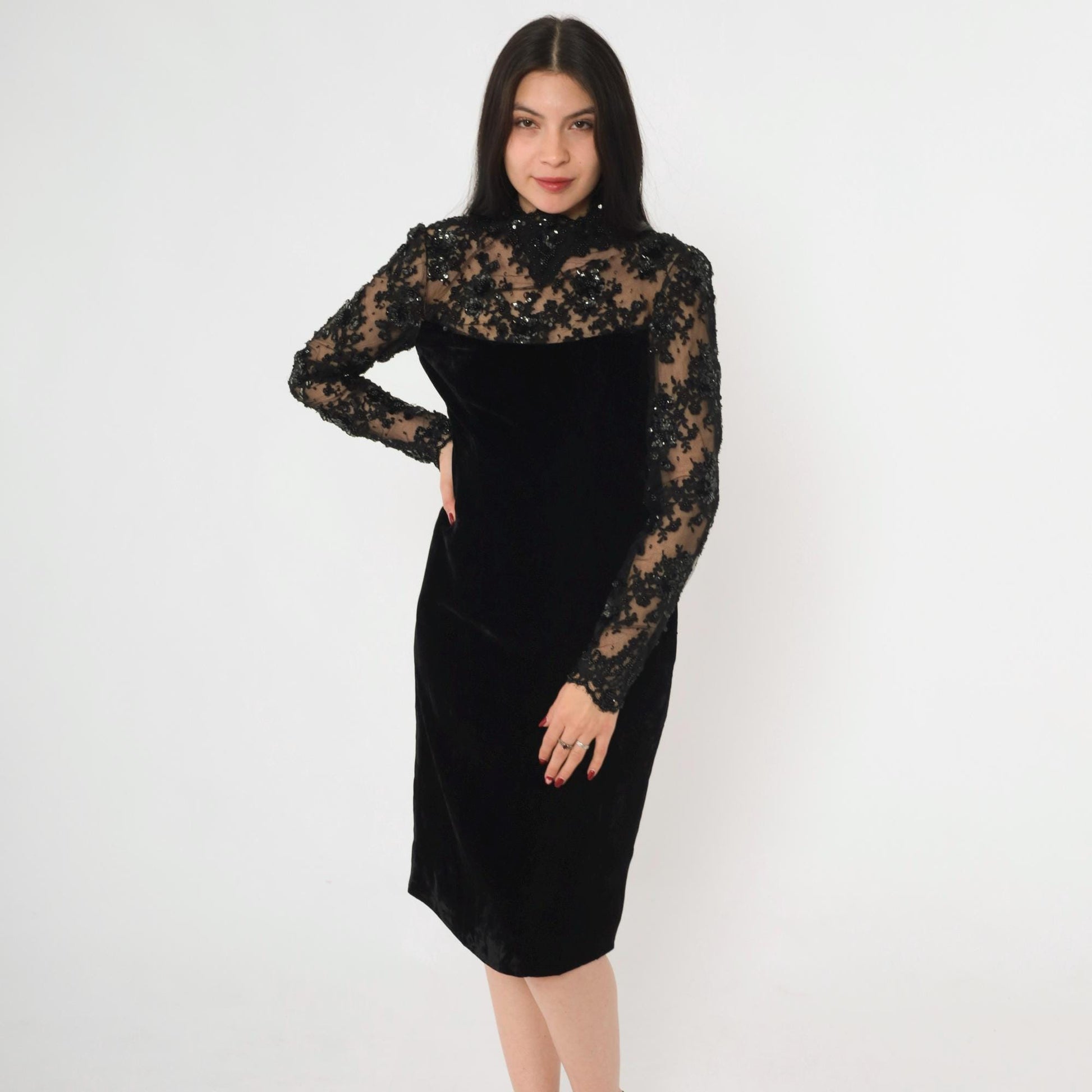 80s Oscar de la Renta Black Velvet Cocktail Dress Illusion Neckline Small