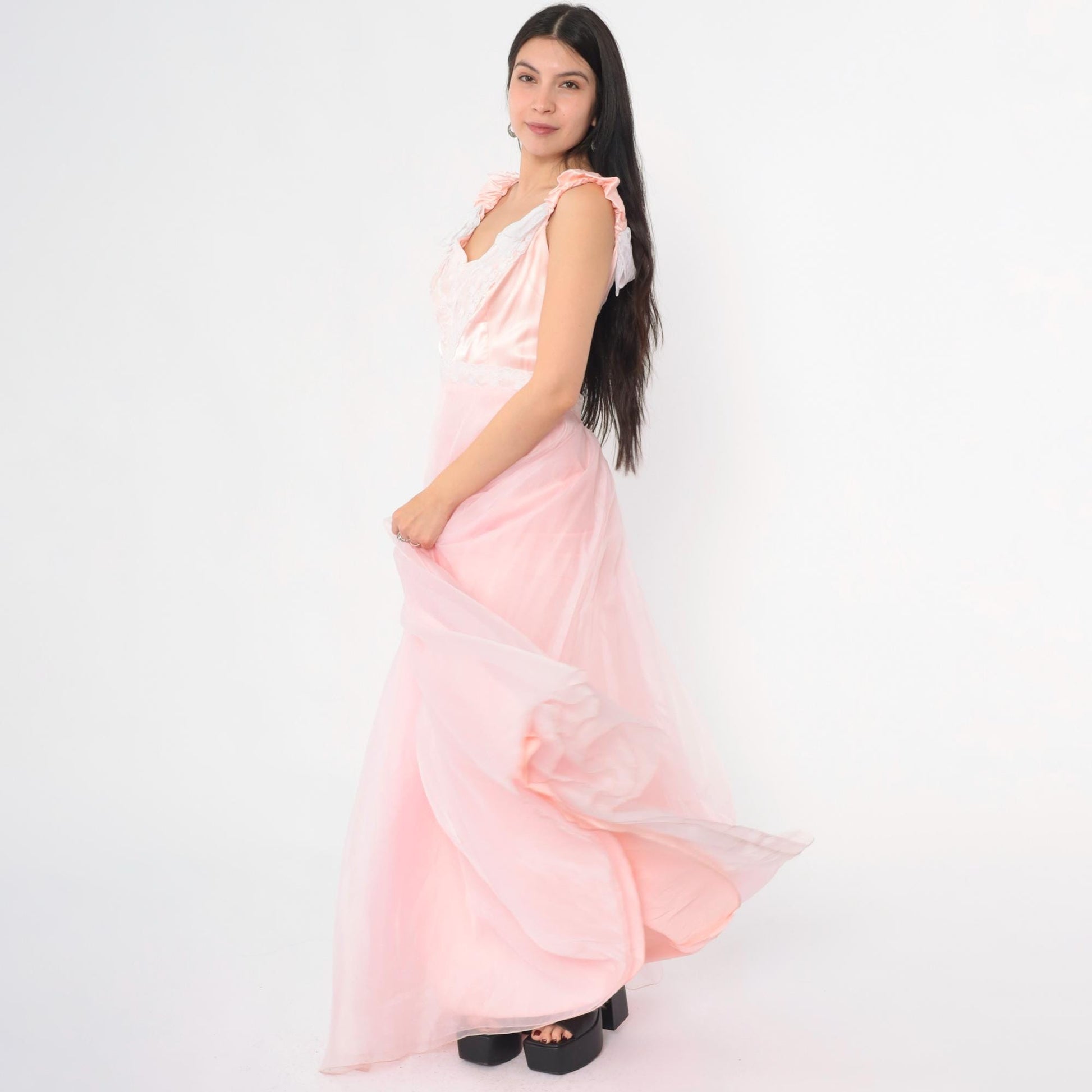 70s Priscilla of Boston Pink Chiffon Maxi Gown Ruched Bow Small