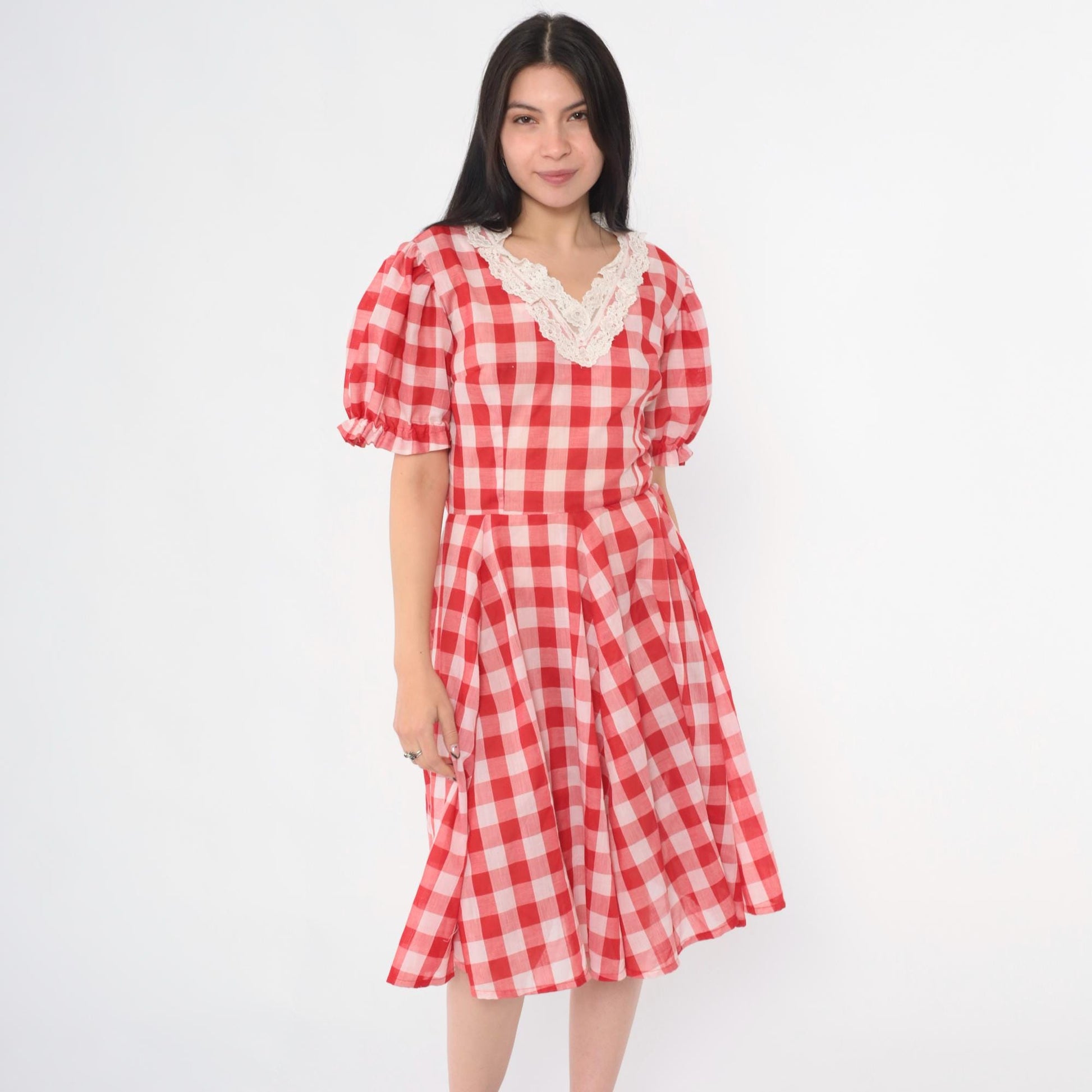 1970s Red Gingham Dress Puff Sleeve V-Neck Fit Flare Knee Length Small S