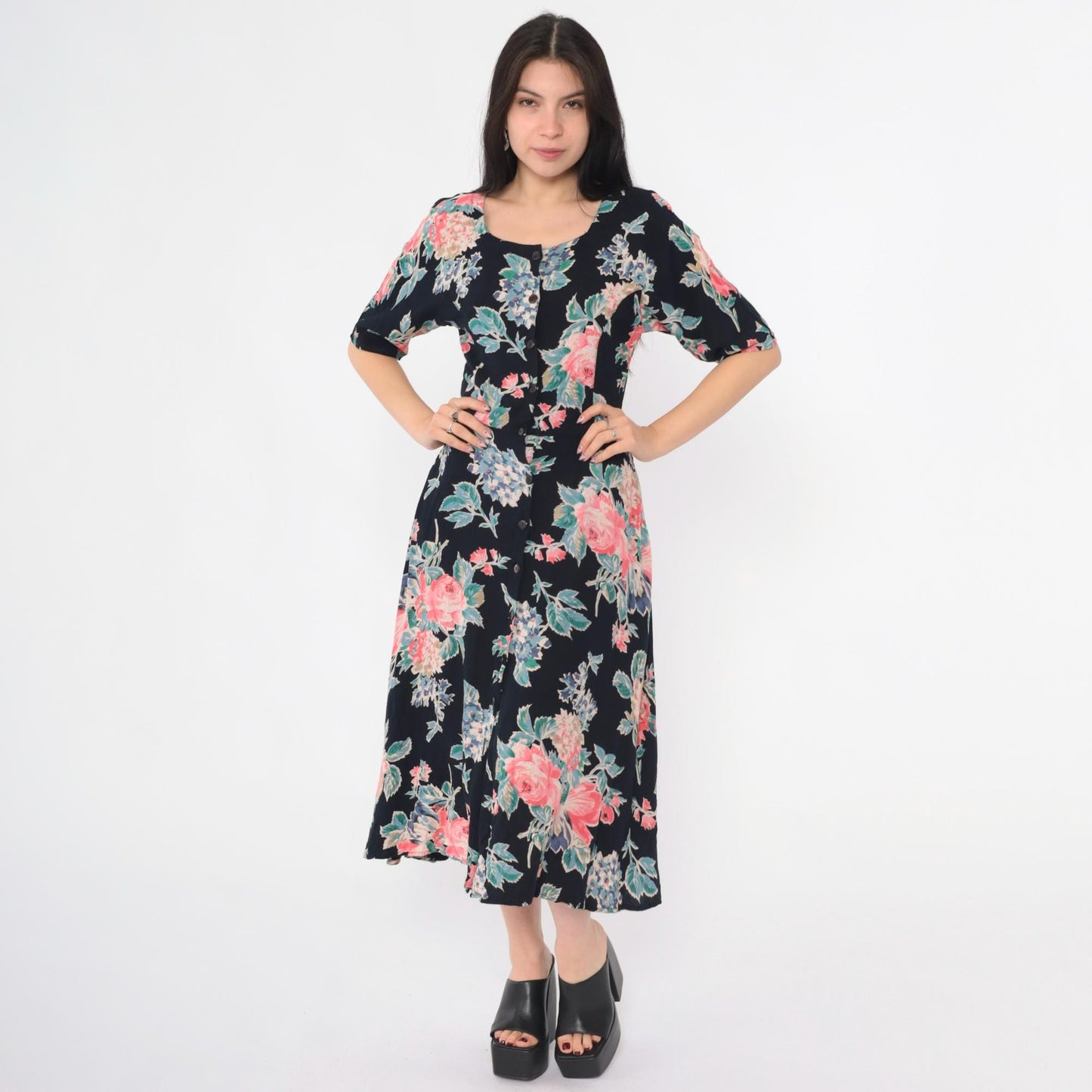 90s Black Floral Midi Dress Button-Up Scoop Neck Short Sleeve Small S