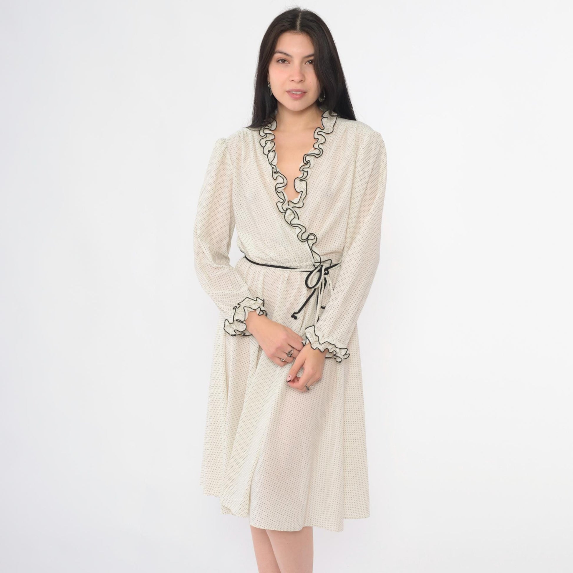 70s White Polka Dot Midi Wrap Dress Puff Sleeve V Neck High Waist Medium M