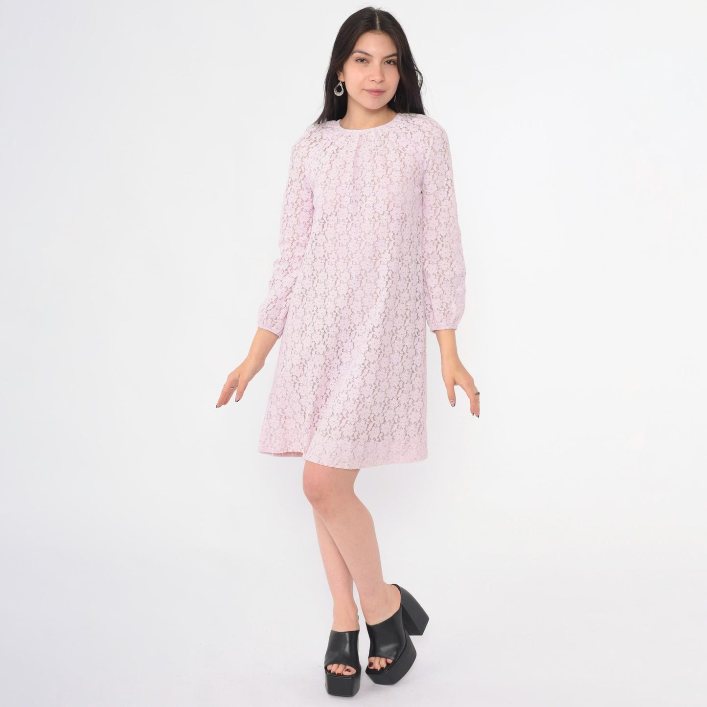60s Lavender Lace Mini Dress Long Sleeve Shift Party Dress Small S