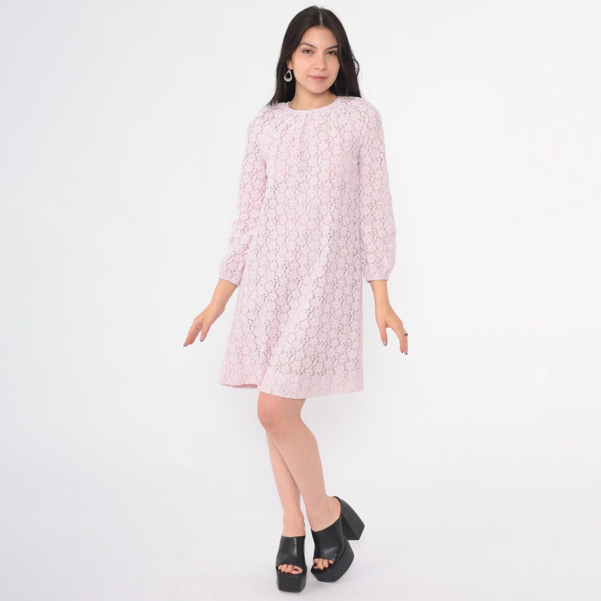 60s Lavender Lace Mini Dress Long Sleeve Shift Party Dress Small S