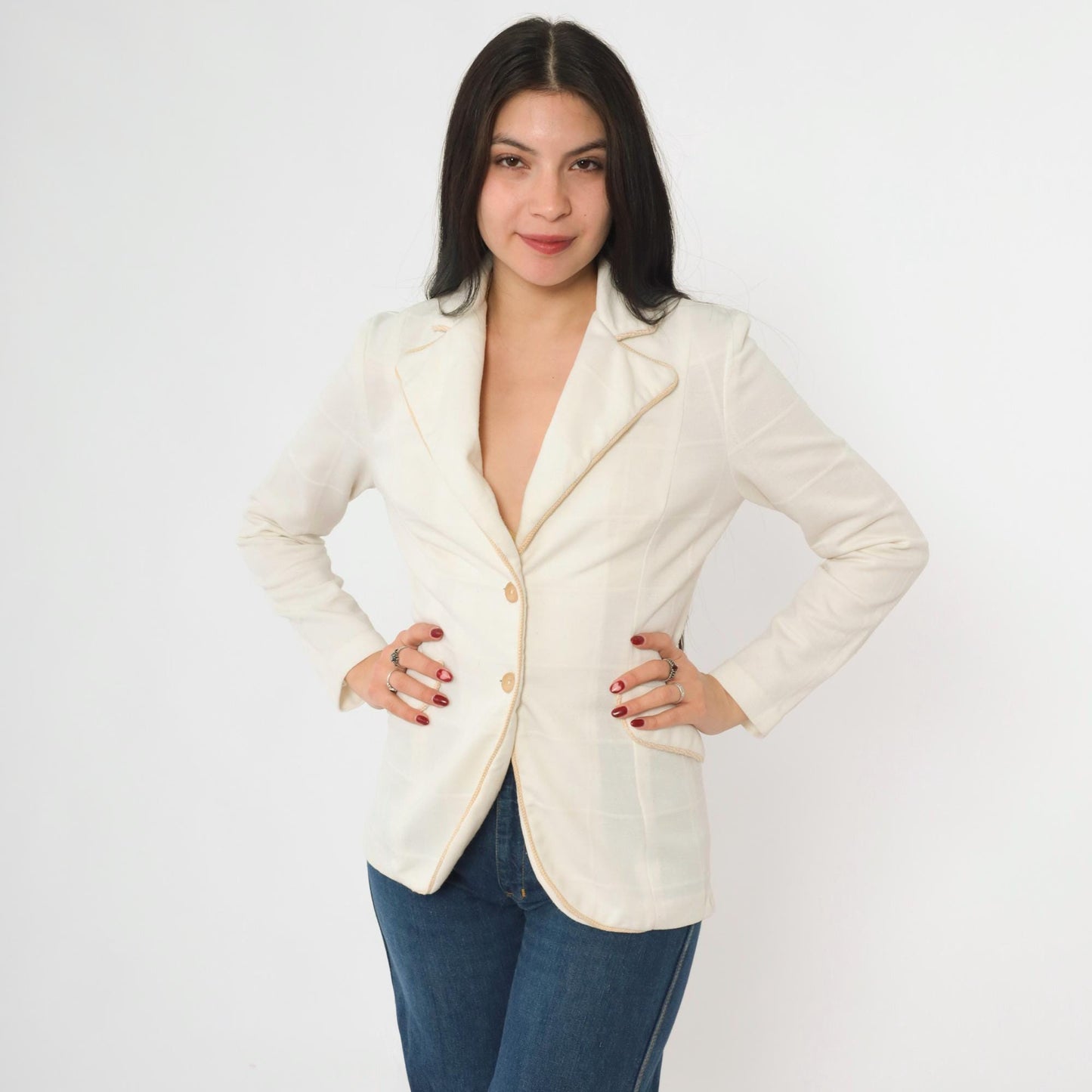 70s White Checkered Blazer Jacket Notched Collar Tan Trim Small