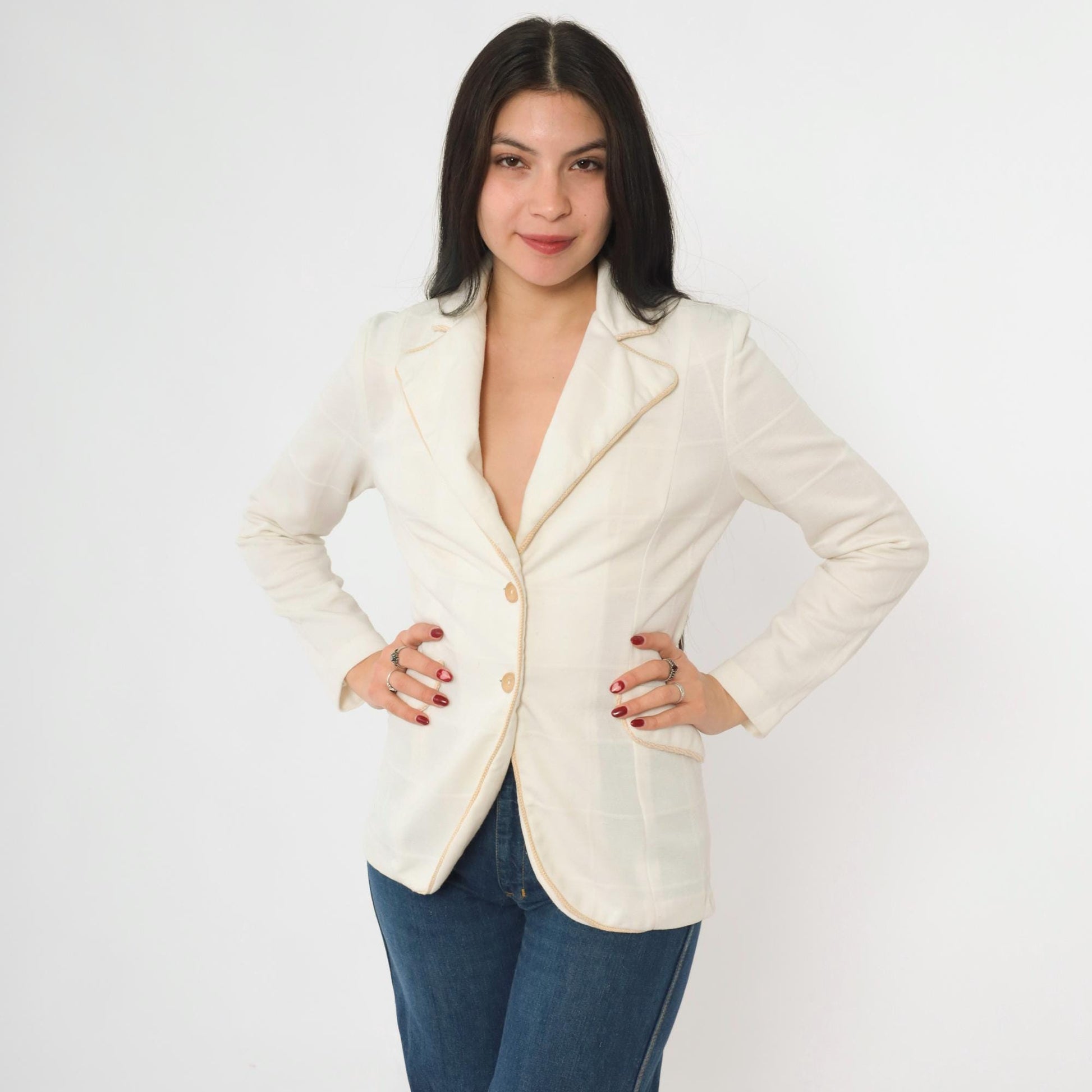 70s White Checkered Blazer Jacket Notched Collar Tan Trim Small