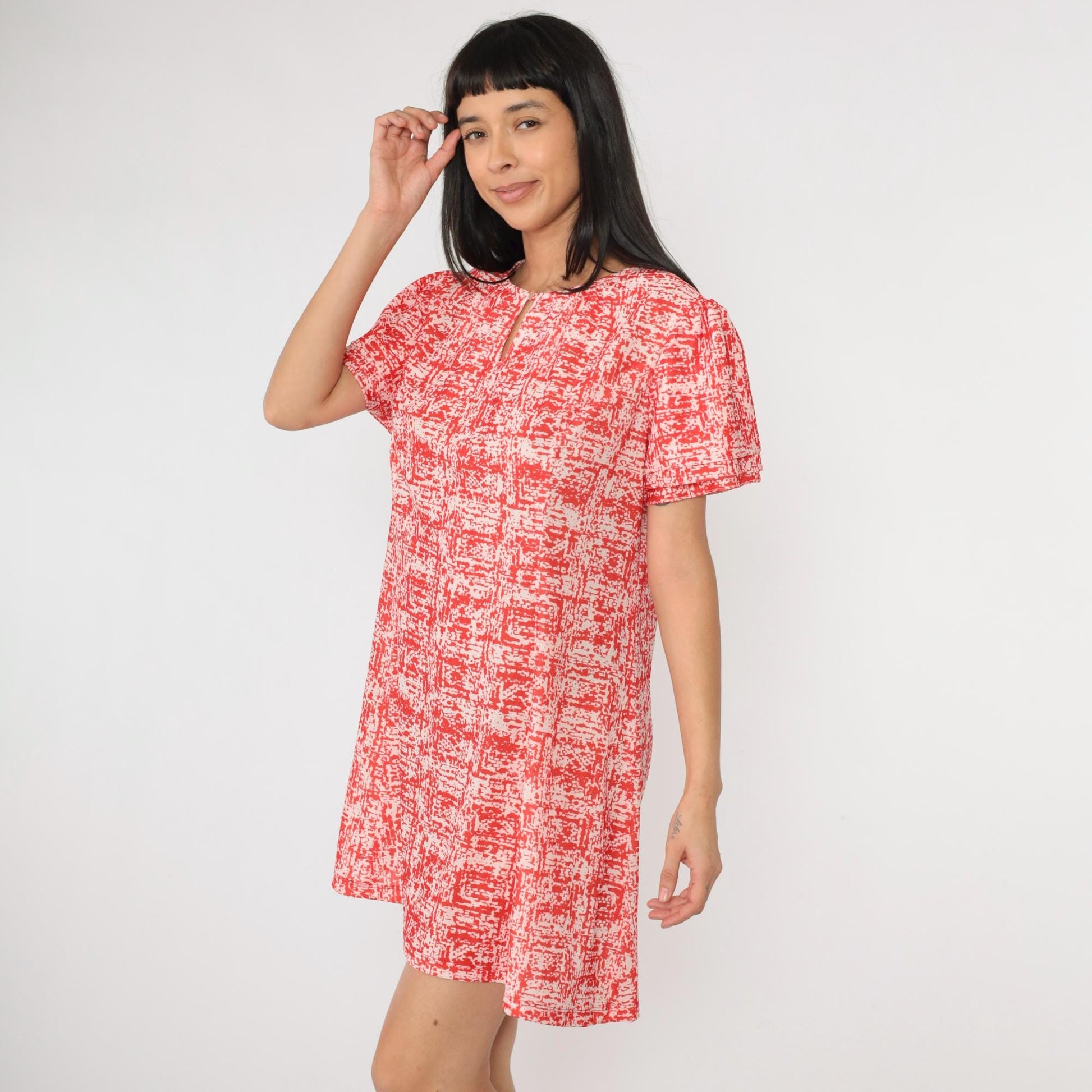 70s Abstract Red Mini Dress Puff Sleeve A-Line Shift Extra Large