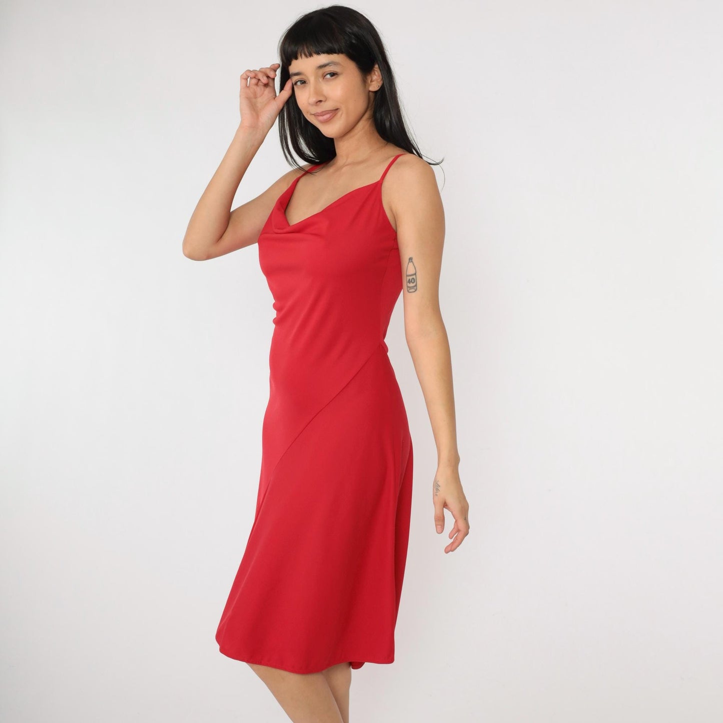 Y2K Red Cowl Neck Midi Dress Spaghetti Strap Fit Flare 00s Medium