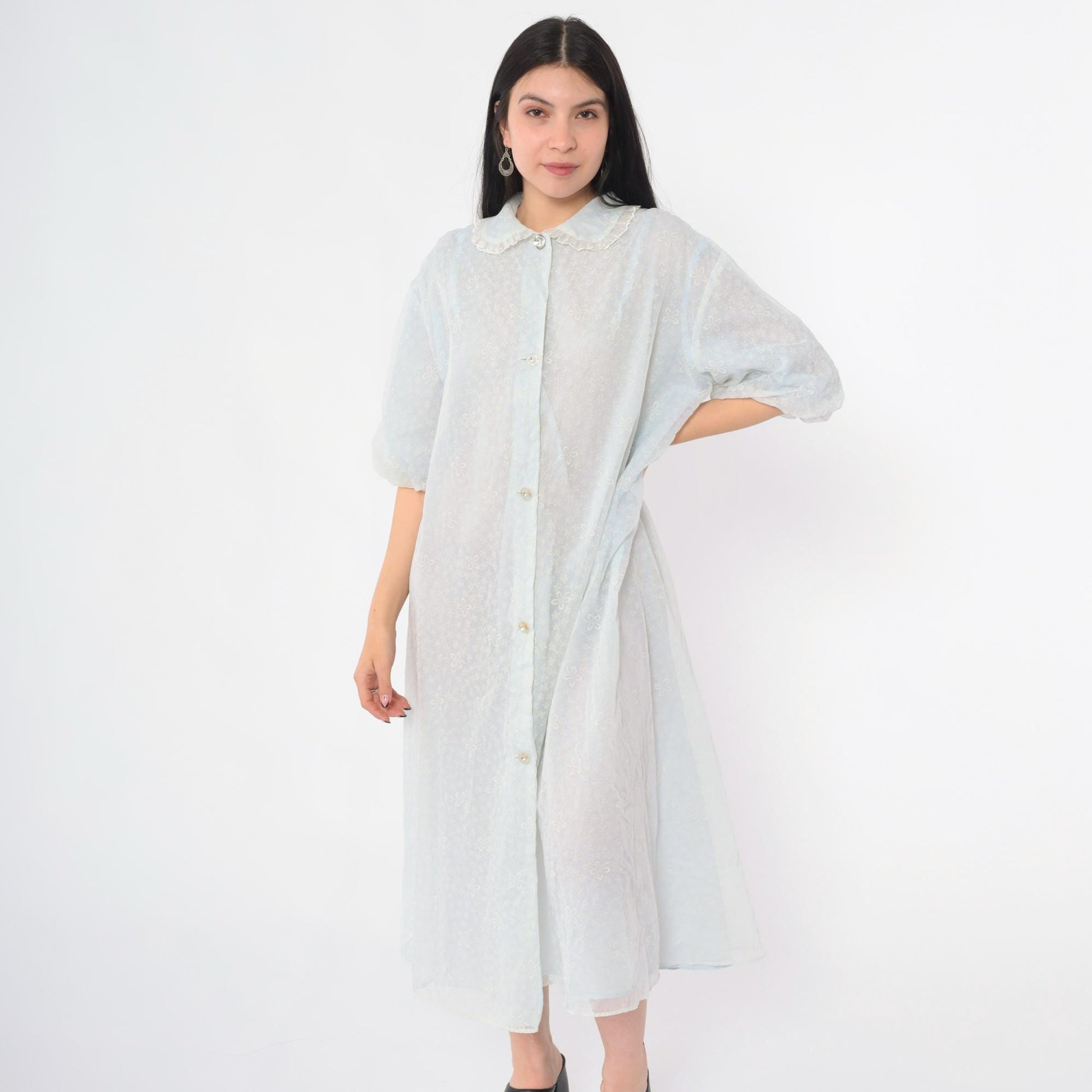 60s Light Blue Chiffon Robe Flocked Floral Peter Pan Collar Peignoir Extra Large