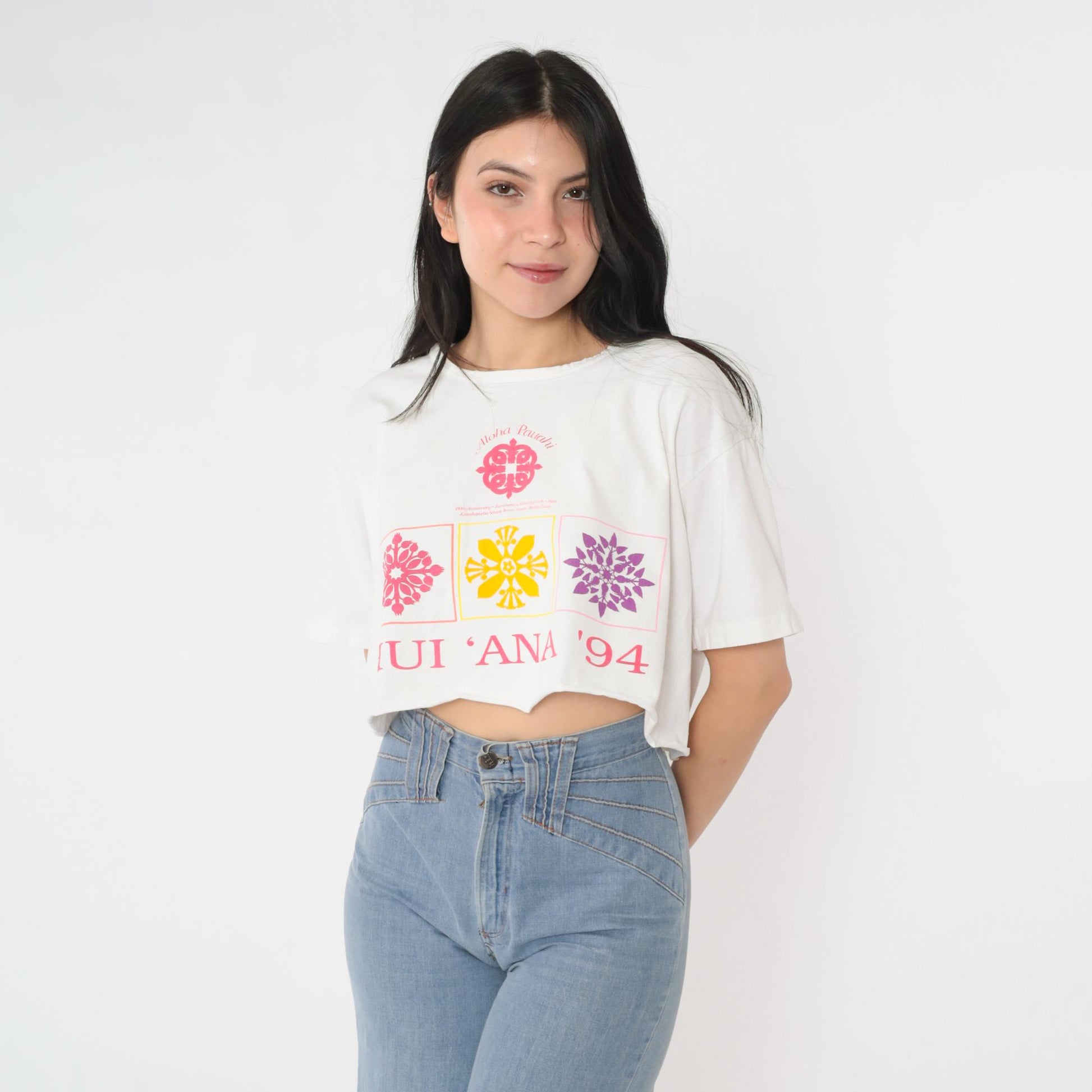 90s Hui Ana 1994 Hawaii Cropped T-Shirt White Graphic Tee Large L