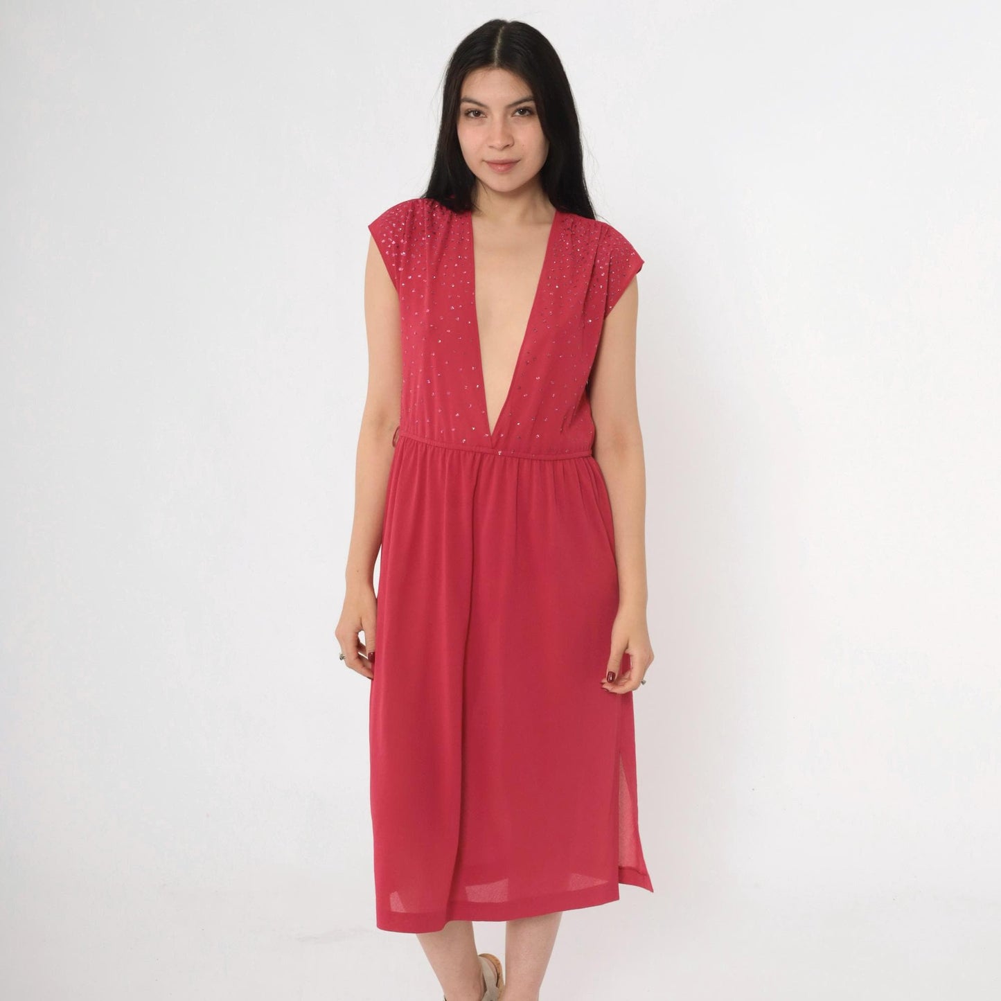 70s Raspberry Glitter Midi Dress Plunge V Neckline Cap Sleeve Small