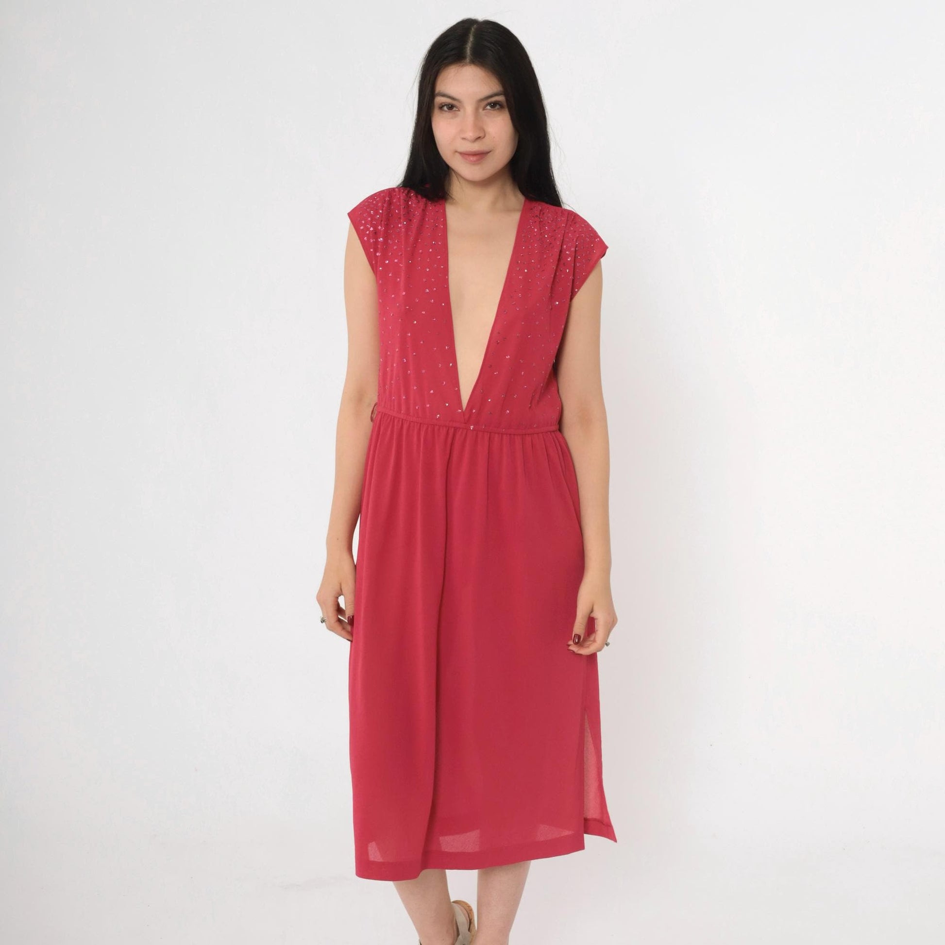 70s Raspberry Glitter Midi Dress Plunge V Neckline Cap Sleeve Small