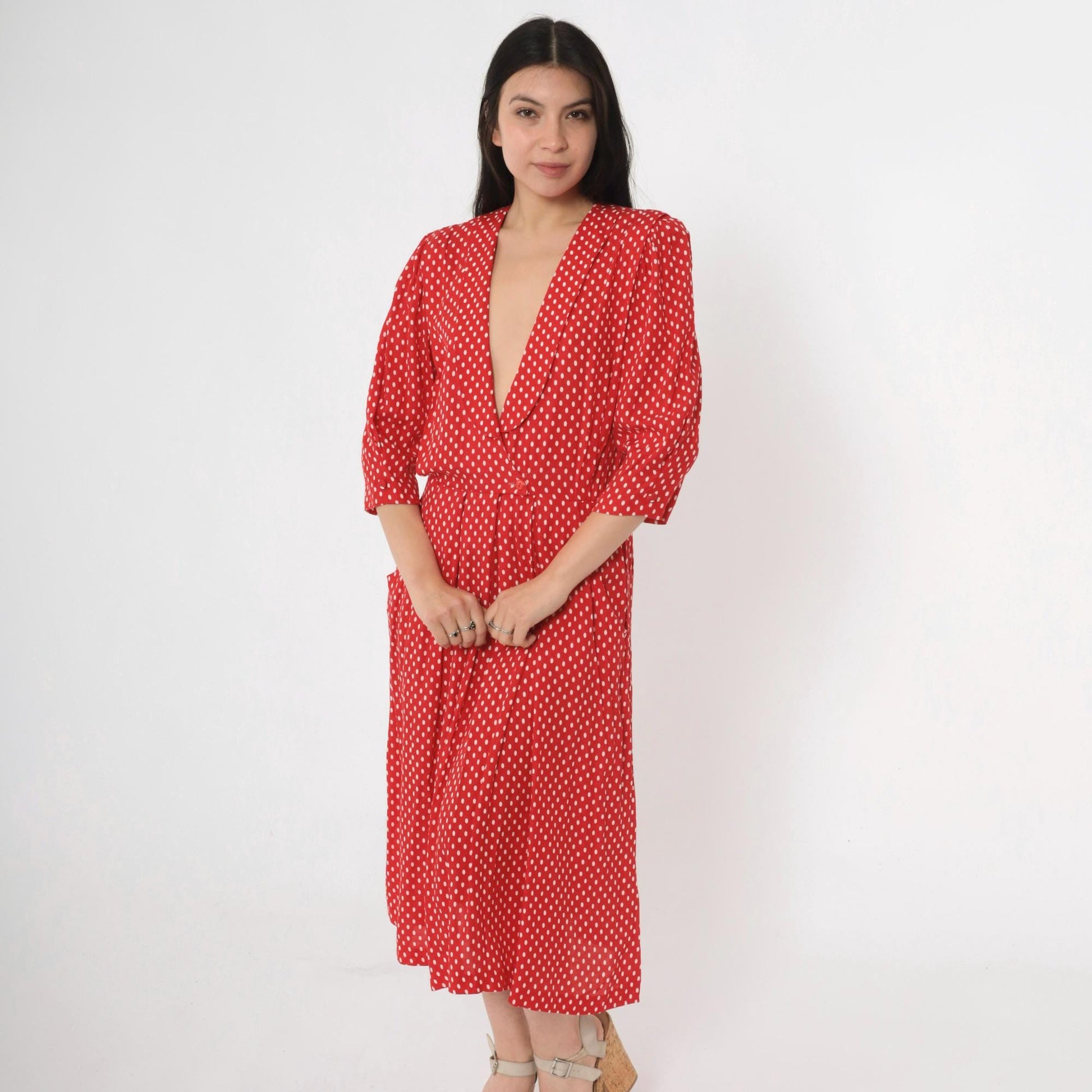 80s Red Polka Dot Midi Dress Deep V Puff Sleeve Pleated Small
